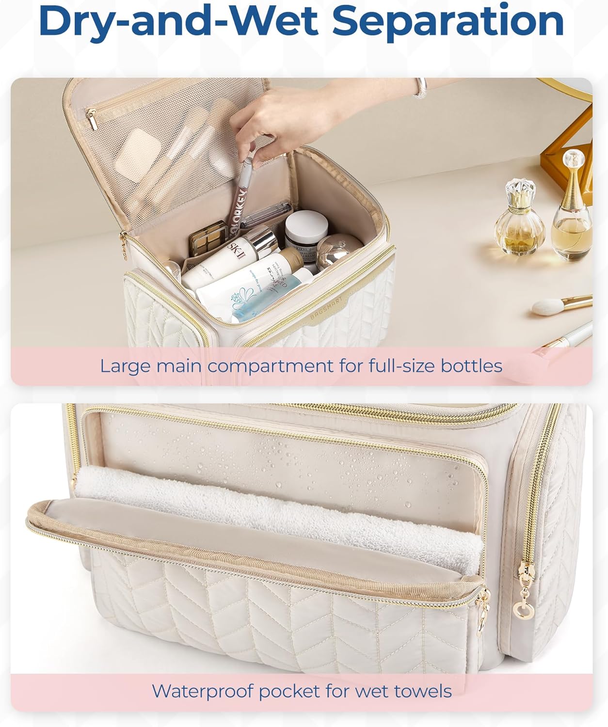 BAGSMART Travel Toiletry Bag, Large Wide-open Travel Bag for Toiletries, Makeup Cosmetic Travel Bag with Handle-Dark Pink