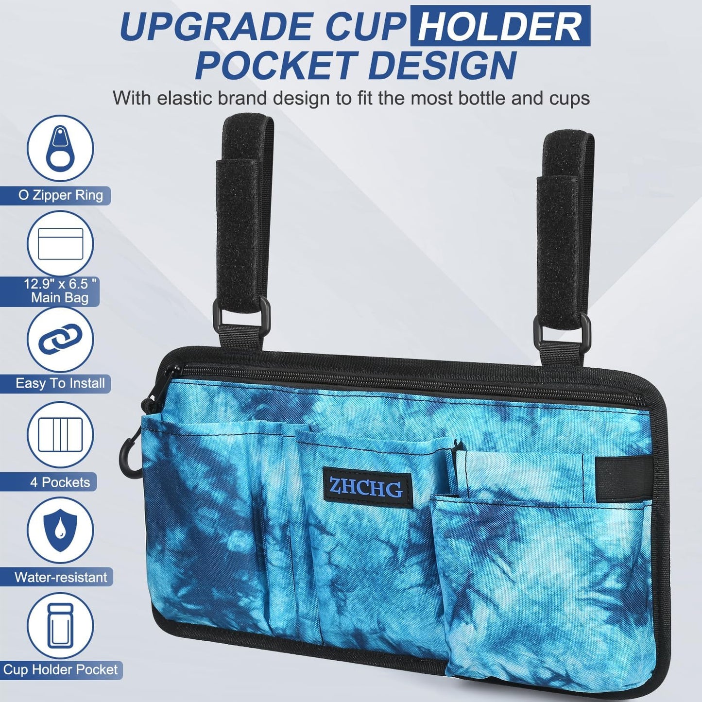 ZHCHG Wheelchair Side Bag with Cup Holder, Wheelchair Armrest Pouch Accessories for Walker, Rollator, Electric Scooter Wheelchairs, Ideal Gift for Mother's Day & Father's Day, Blue