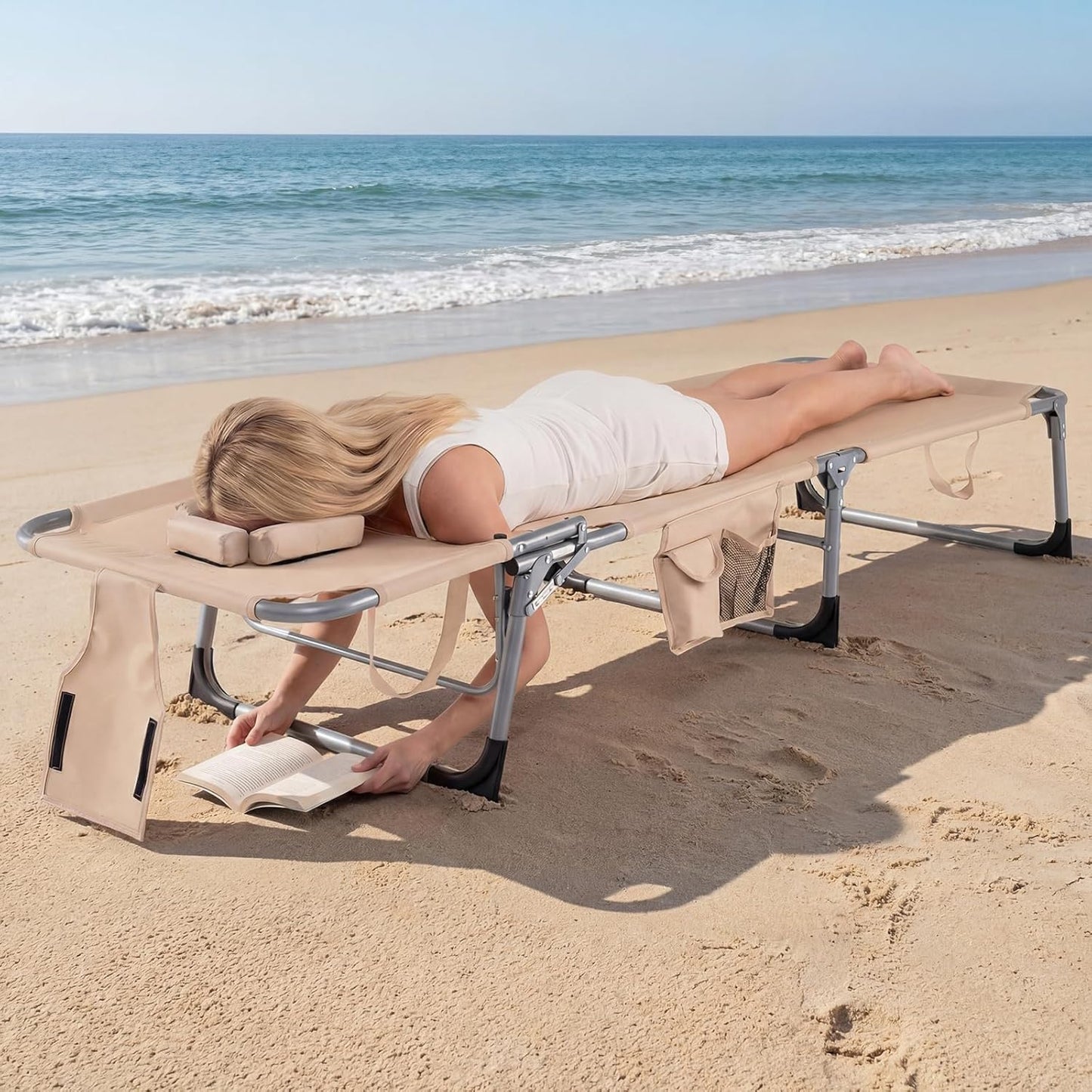 COSTWAY Tanning Chair with Face Hole, Folding Beach Lounge Chair with 4-Position Adjustable Backrest, Pillow & Side Pocket, Foldable Chaise Lounge Chair Outdoor for Sunbathing, Camping (1, Beige)