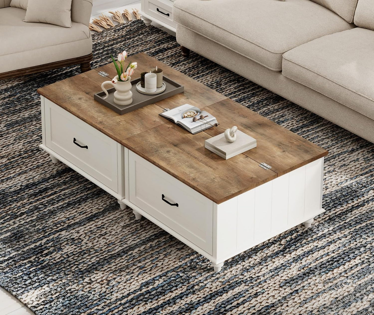 WAMPAT Farmhouse Coffee Table with Storage, Set of 2 Square Coffee Table with Lift Top & Drawers for Living Room, Wooden Center Table for Home & Office, White