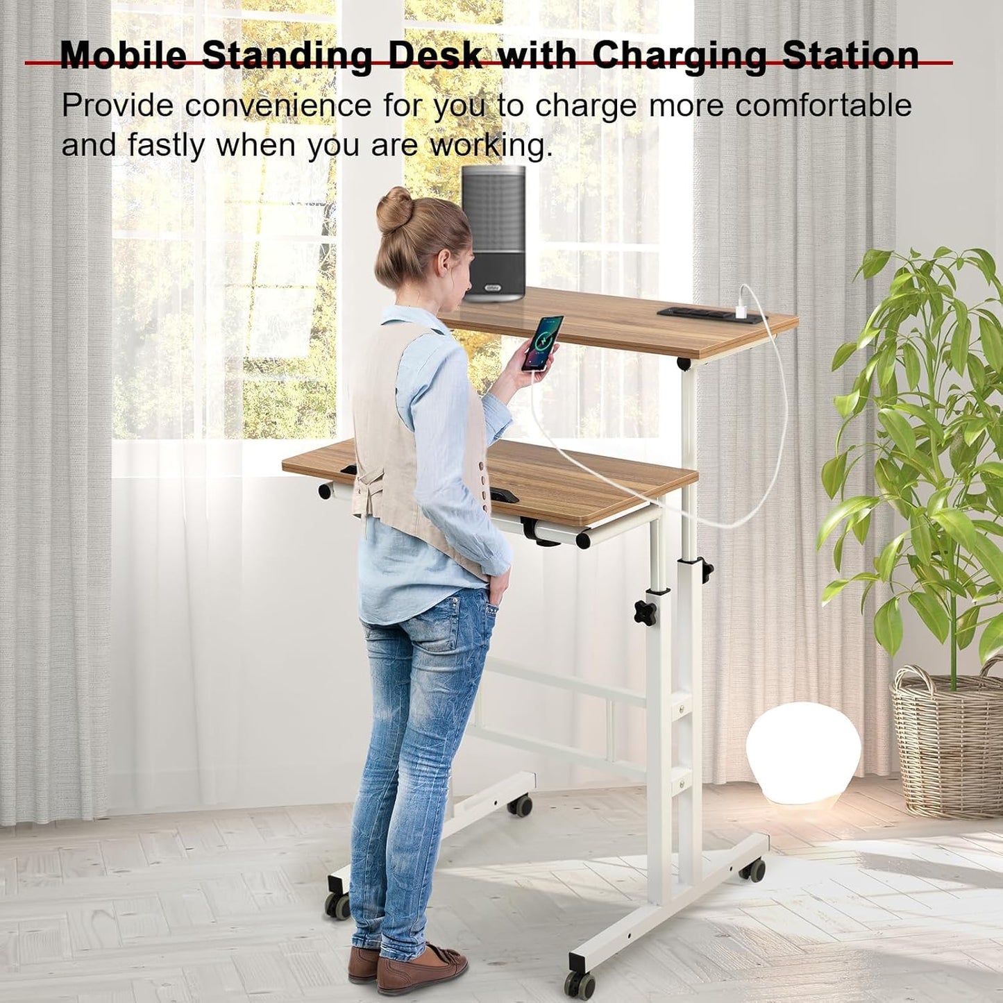 Hadulcet Mobile Standing Desk with Charging Station, Adjustable Standing Computer Desk, Standing Adjustable Laptop Cart with Wheels for Home Office Classroom Vintage Oak