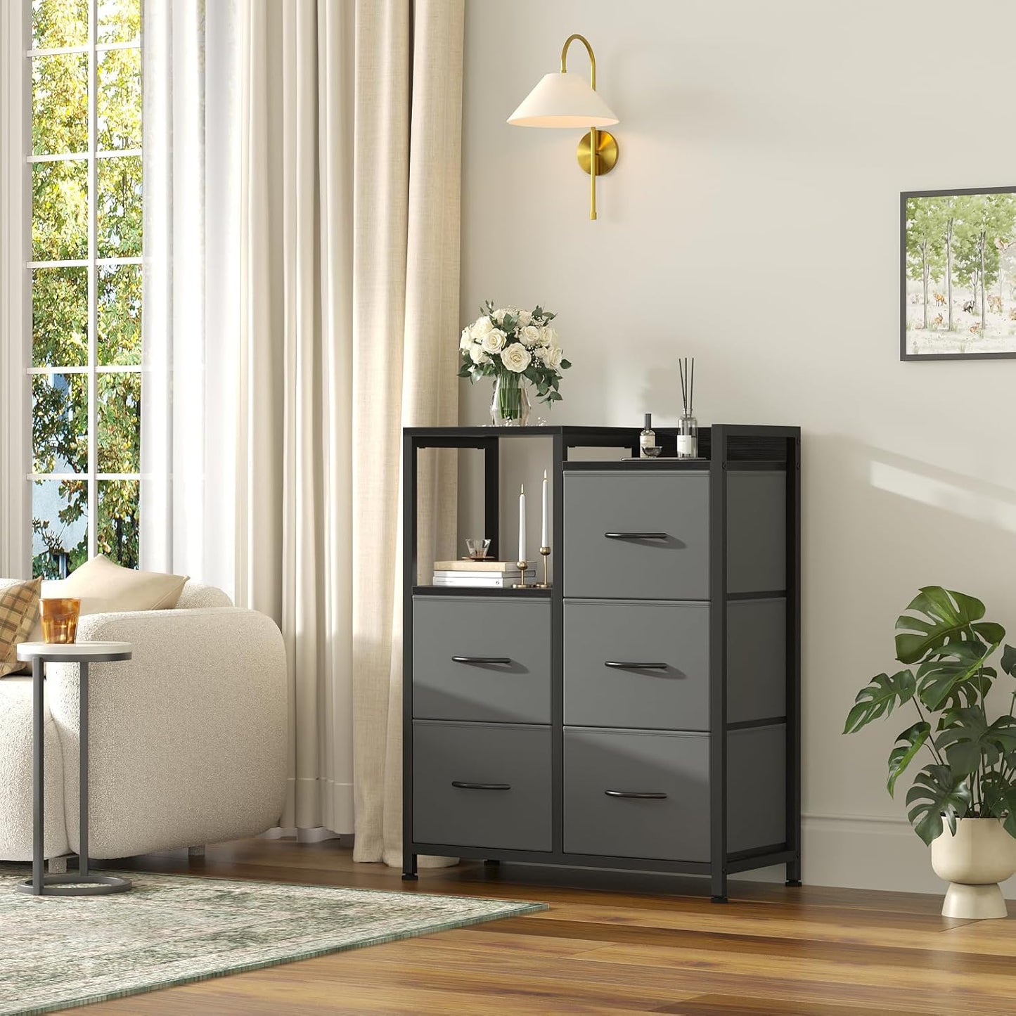 DUMOS TV Stands for Bedroom with 5 Drawers, 5-Drawer Chest of Drawers with Raised Shelf, Storage Tower with Fabric Bins for Closet Organization, Hallway Storage, Ash