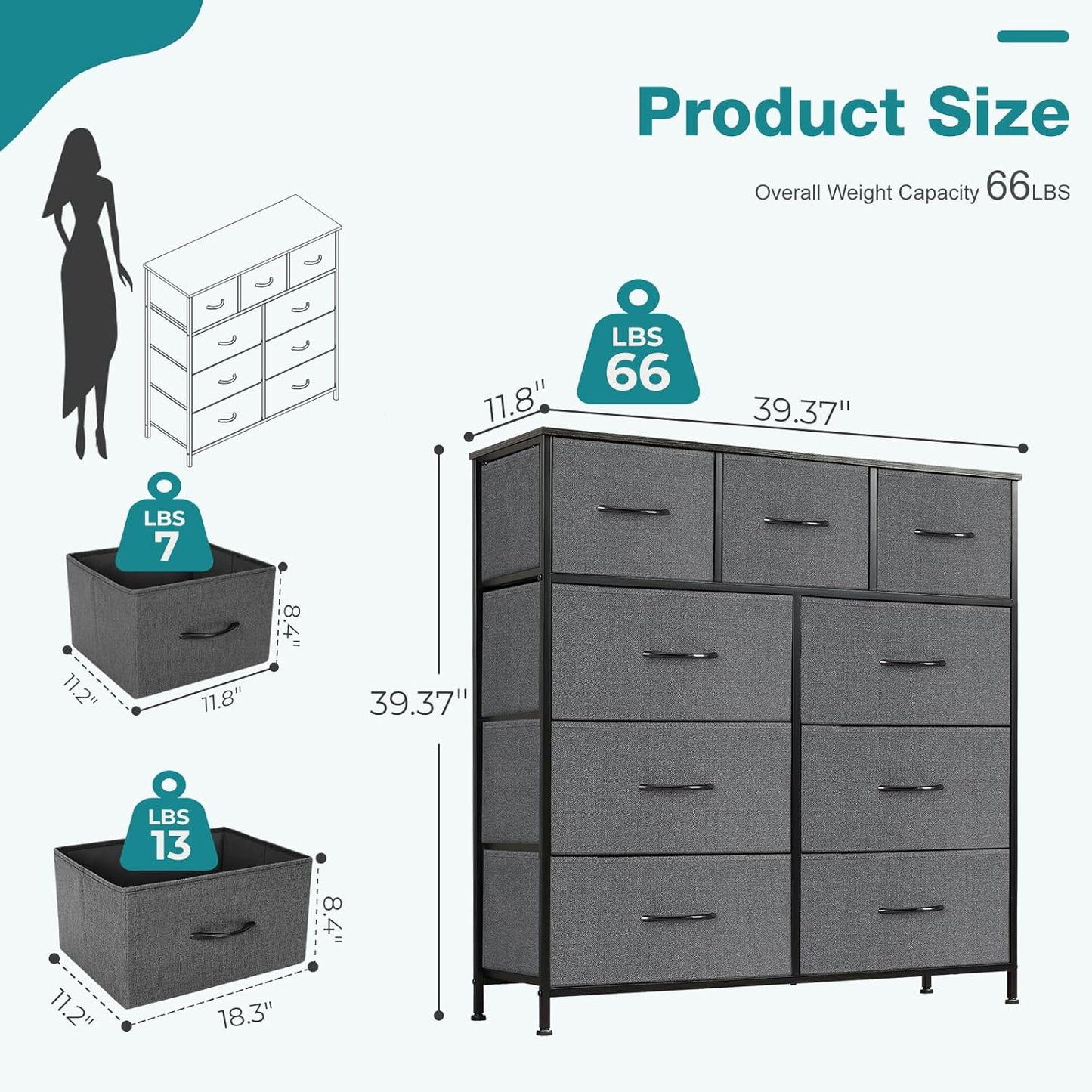 OLIXIS 9 Drawers Storage Organizers Units, Closet Organizers and Storage for Clothes, Fabric Storage Drawer for Living Room, Chest of Dresser in 39.4" D x 11.8" W x 39.9" H, Grey