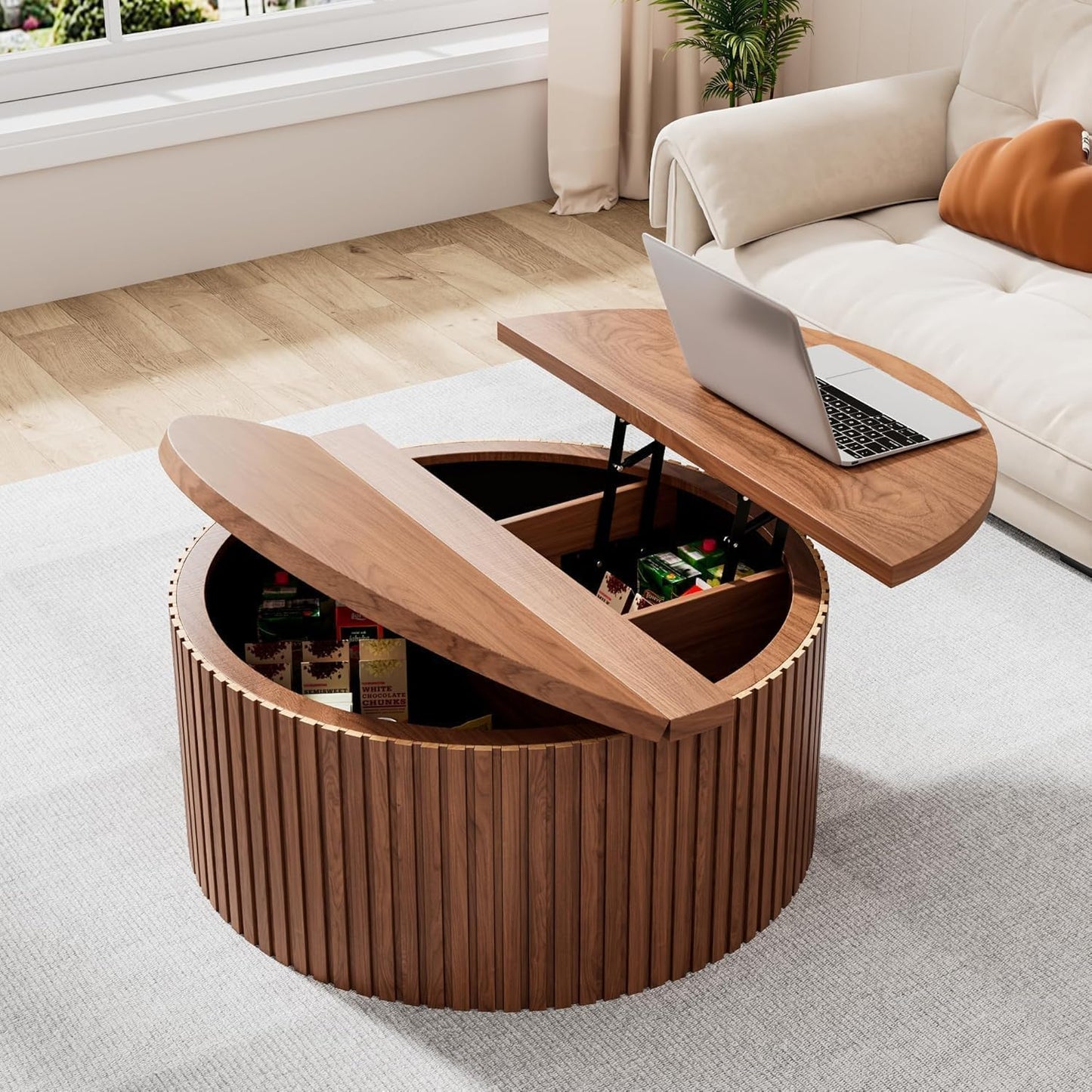 Fsbecl 34'' Round Fluted Lift Top Coffee Table with Hidden Storage, Walnut | Wooden Center Table, Lift Top Coffee Table for Living Room, Home Decor