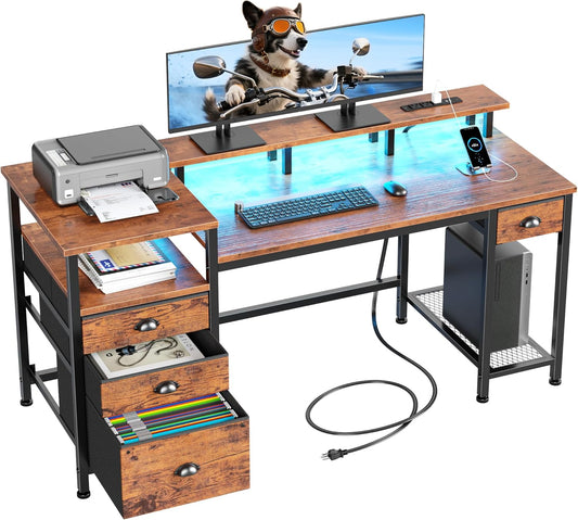 Furologee 60" Computer Desk with File Cabinet and Storage Shelves, Reversible Home Office Desk with LED Lights, Full Monitor Stand, Power Outlets, Study Gaming Table with 4 Drawers, Rustic Brown