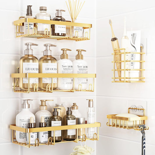 Liuoud 5 Pack Shower Caddy Organizer Rack Shelf for Inside Shower, Self Adhesive Wall Storage Basket Rustproof Stainless Steel Shampoo Holder Bathroom Accessory Decor Set, Gold