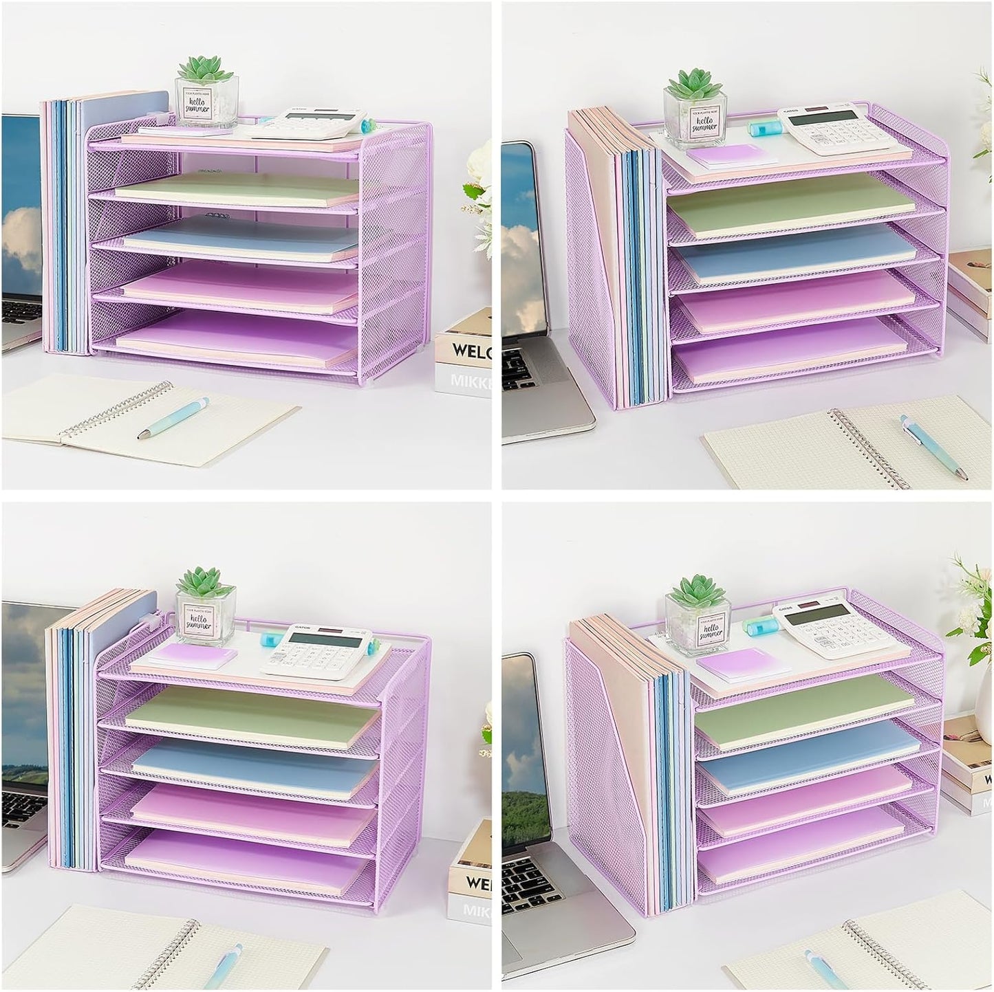 OPNICE Desk Organizer, 5-Tier Paper Organizer Letter Tray with Magazine Holder, Office Desk Accessories & Workspace Organizers, Desktop File Organizer for Office Supplies Storage, Purple