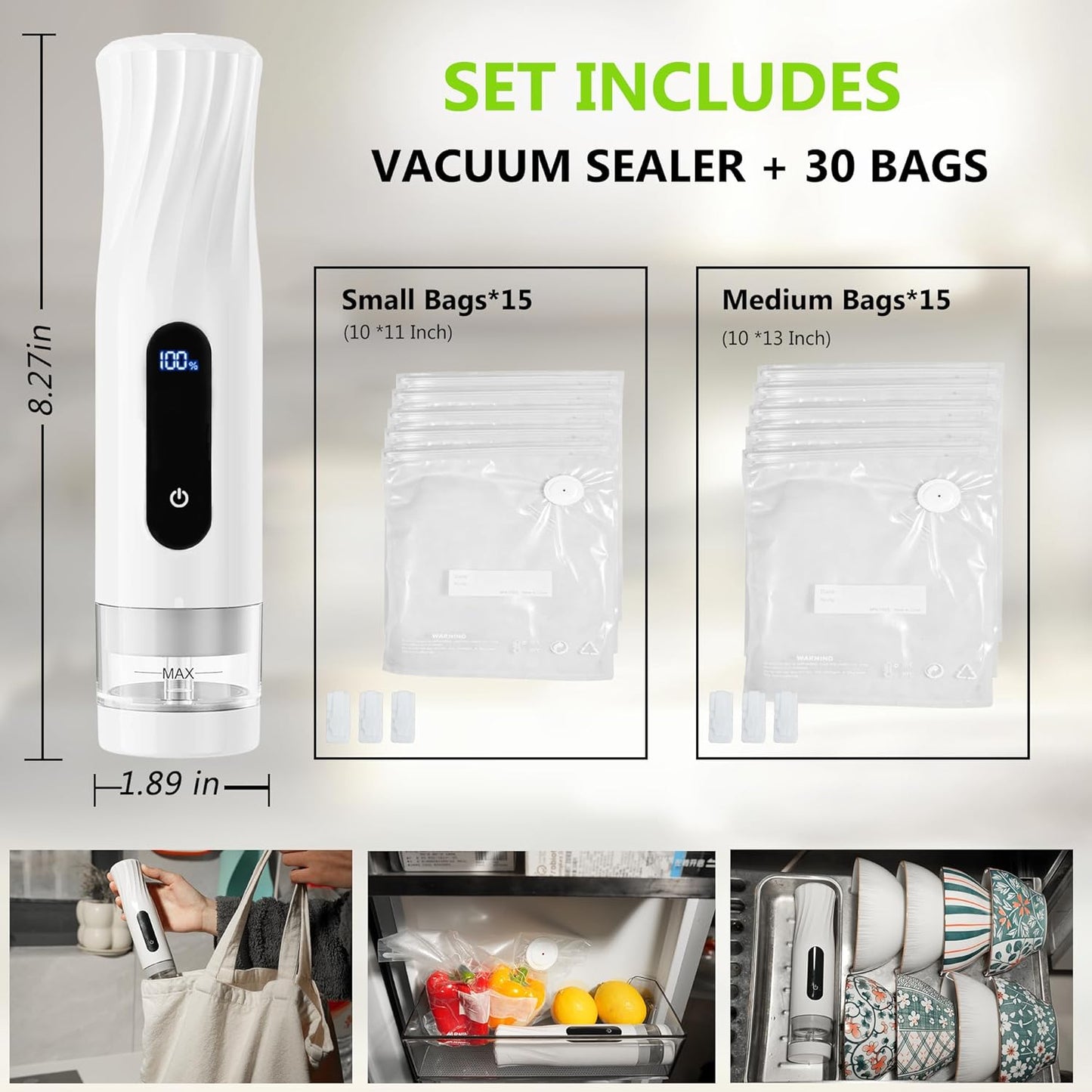 Compact Vacuum Sealer for Food Storage: Portable Handheld Food Sealer, 80kPa Suction, 1800mAh Battery, 30 Reusable Vacuum Bags, Preserve 5X Freshness with Easy Operation