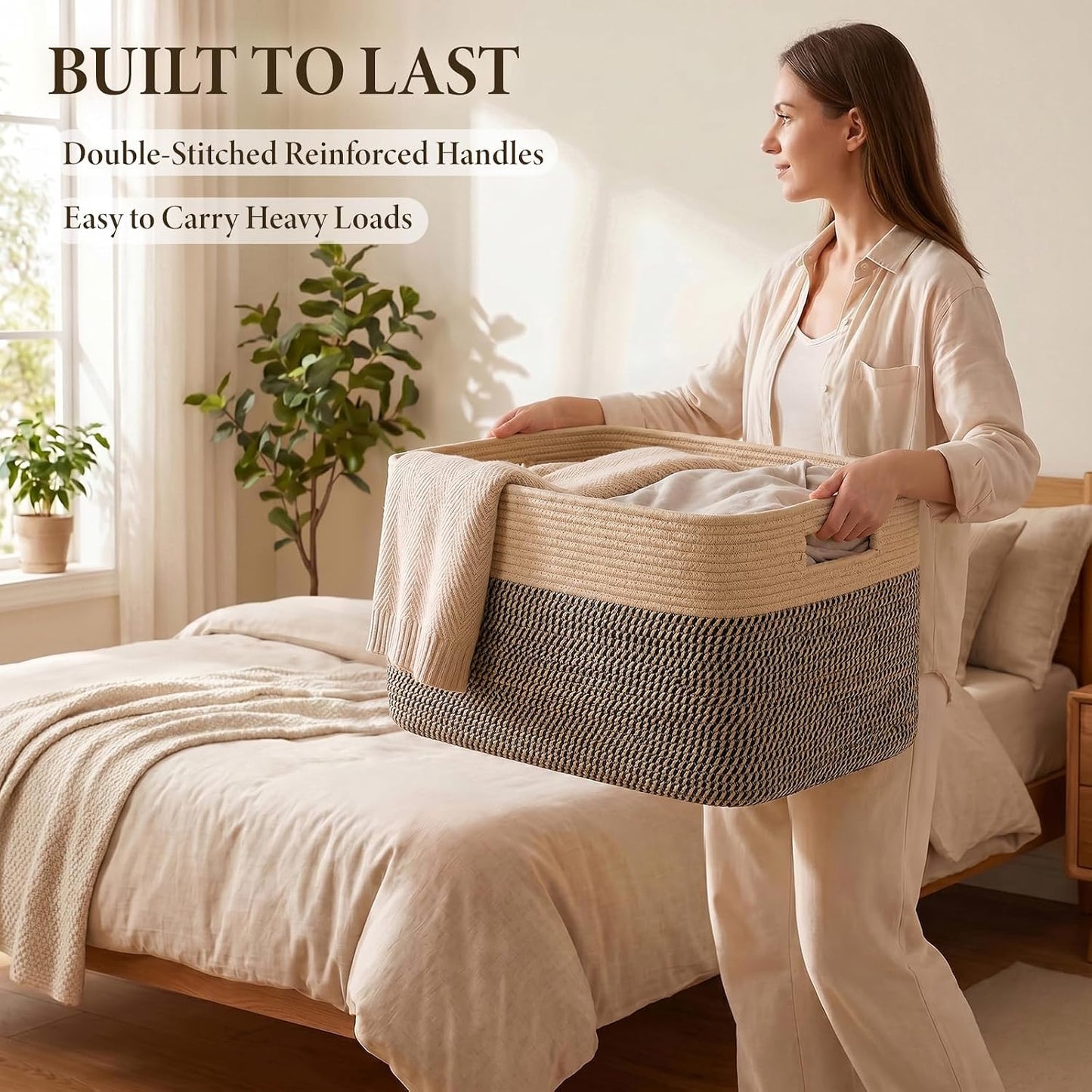 75L Large Cotton Rope Basket, Soft Toy Storage Bin for Nursery & Living Room, Decorative Blanket Basket for Bedroom, Baby-Safe Organizer for Pillows &Laundry, 22''×17''×12'', Brown & Black
