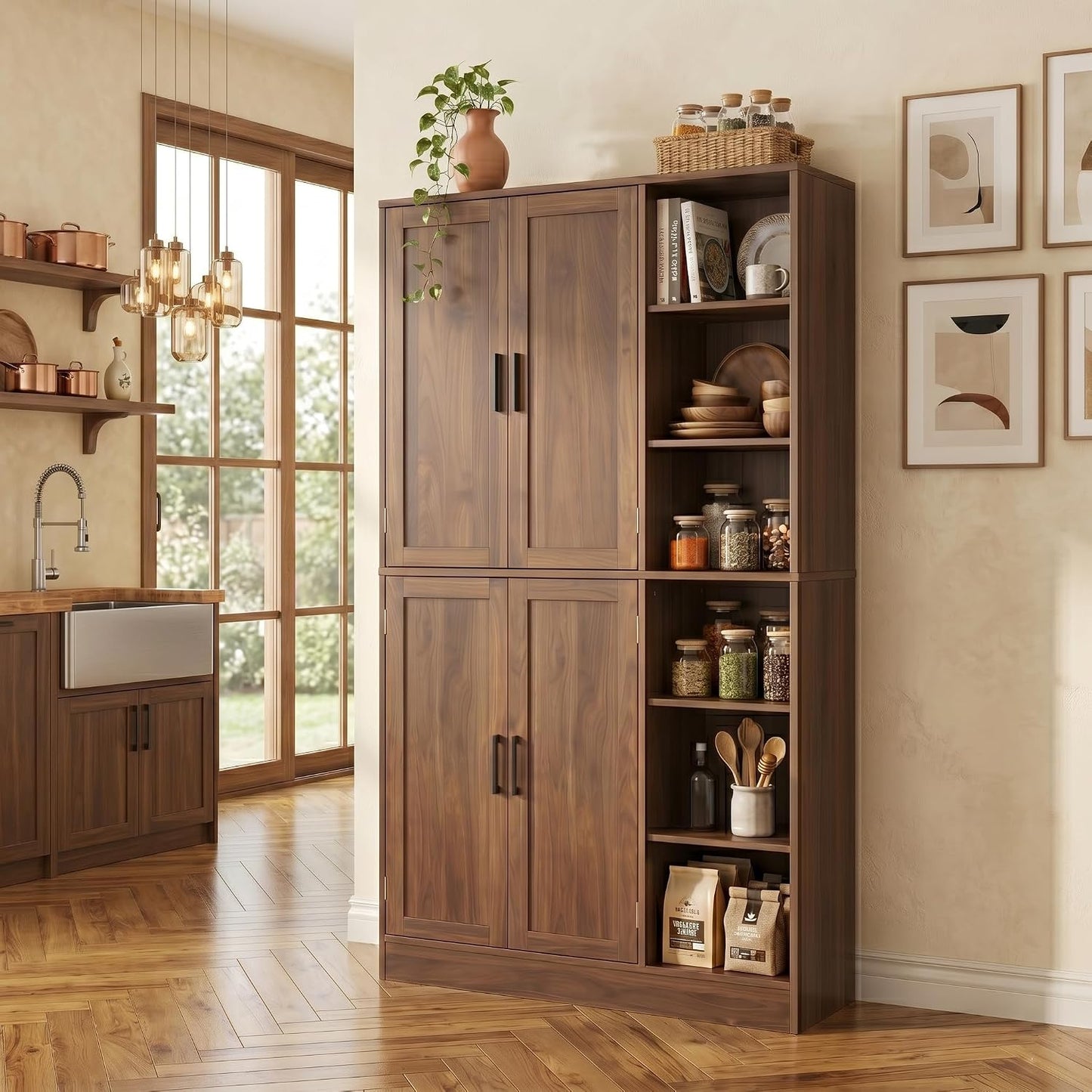 holzart 63" Tall Kitchen Pantry Cabinet, Freestanding Dining Room Storage Hutch with 4 Doors and Adjustable Shelves, Modern Utility Cupboard for Coffee Bar and Microwave, Brown