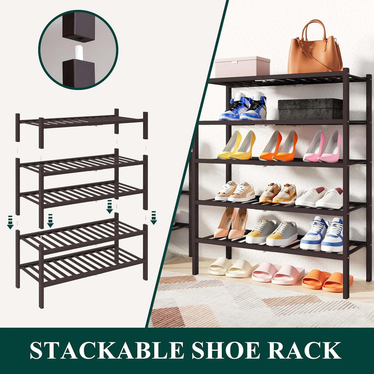 Smiry Bamboo Shoe Rack, 14 Vertical Slats, 2 Tier - 26.8" Wide, Brown
