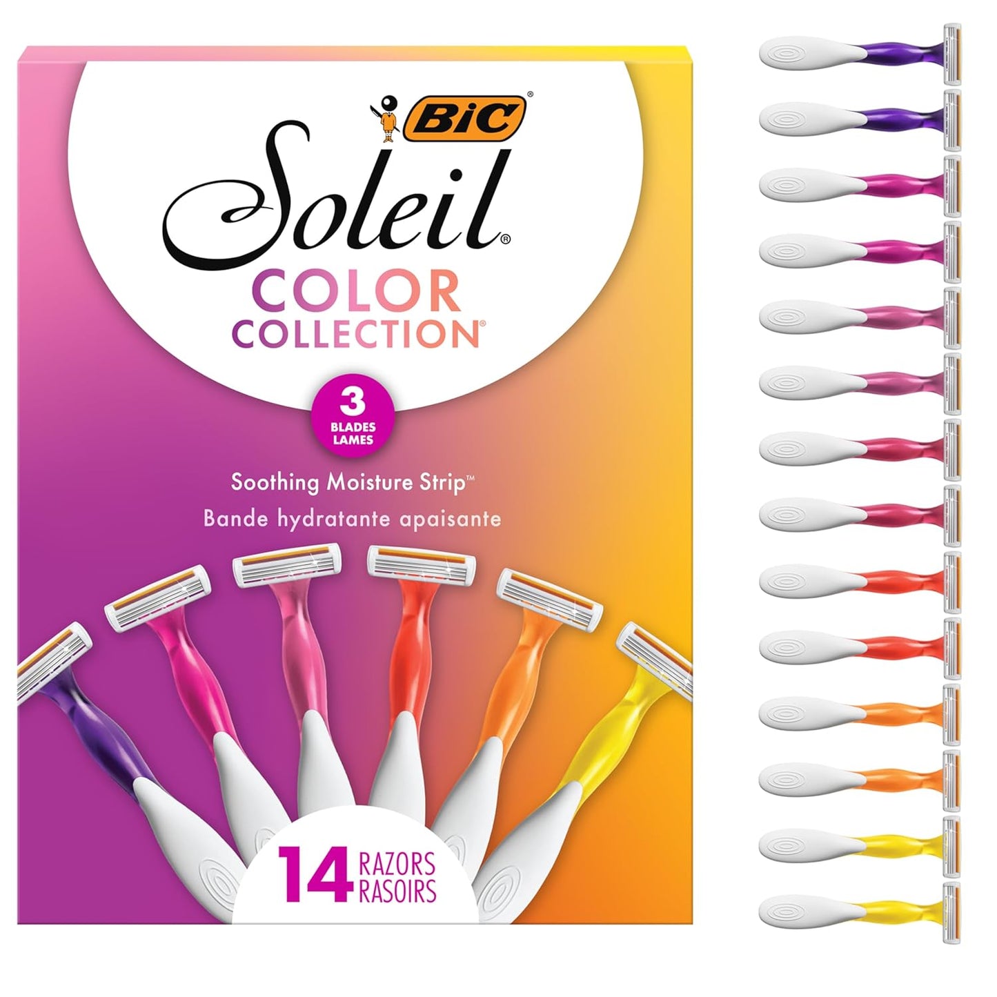 BIC Soleil 3 Colors Women's Disposable 3-Blade Razors, Aloe Vera Strip, College Dorm Room Essential, Shower Caddy and Toiletry Bag Ready, 14-Pack