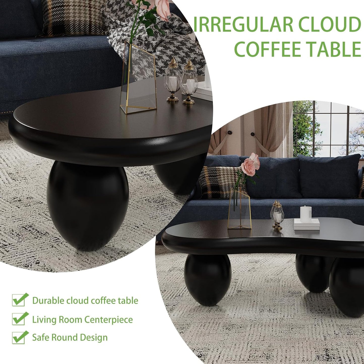 Black Cloud Coffee Table (C Black 47.2in) | Modern Unique Coffee Table for Living Room, Irregular Asymmetrical Center Table for Farmhouse
