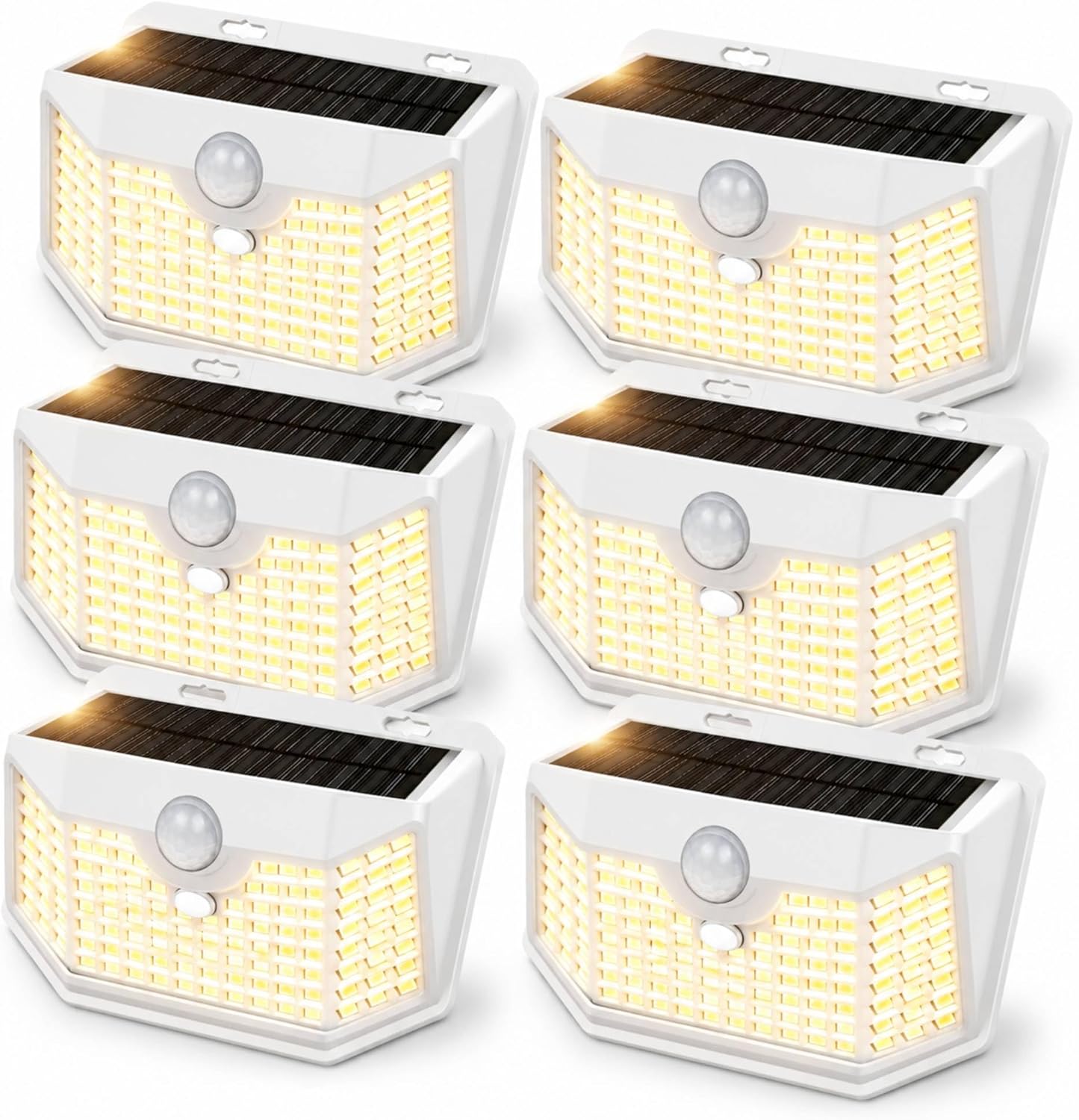 HMCITY 120 LED Solar Lights Outdoor with Motion Sensor and 3 Lighting Modes, IP65 Waterproof Wide Solar Wall Lights Ideal for Garden Patio Yard (Front Button 6Packs, White Shell-Warm White)