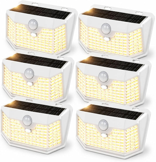 HMCITY 120 LED Solar Lights Outdoor with Motion Sensor and 3 Lighting Modes, IP65 Waterproof Wide Solar Wall Lights Ideal for Garden Patio Yard (Front Button 6Packs, White Shell-Warm White)