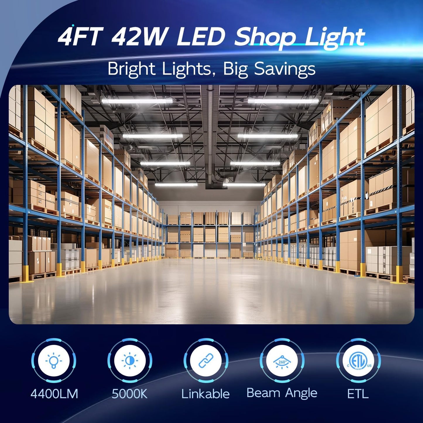 hykolity 2 Pack 4FT Linkable LED Shop Light for Garage, 4400lm, 4FT 42W Utility Light Fixture, 5000K Daylight LED Workbench Light with Plug, Hanging or Surface Mount, White - ETL