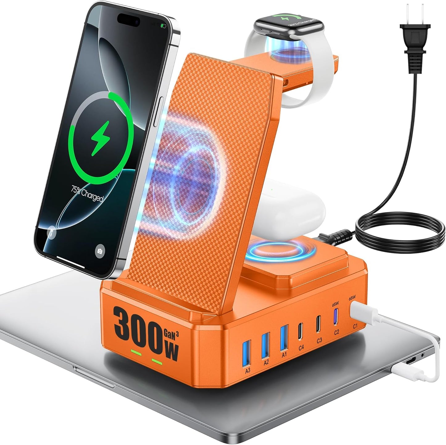 300W Charging Station for Multiple Devices Apple,10 in 1 Wireless Charger for iPhone,GaN III USB C 65W PD Fast Charging Stand Dock for MacBook,iWatch&Airpods (Wireless Charging Only for Apple)