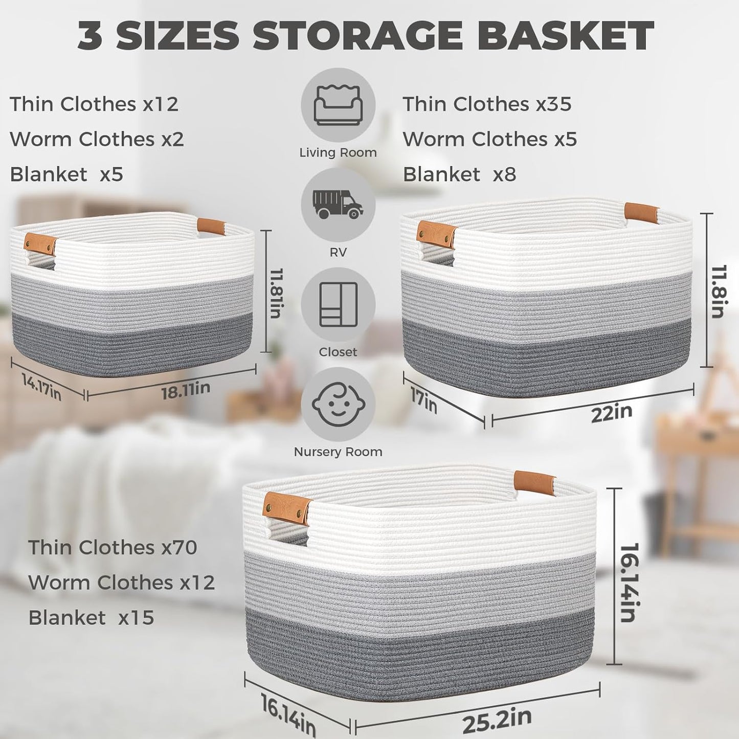 danpinera Blanket Basket, 72L Rectangle Large Basket for Living Room, Baby Room & Laundry, Woven Cotton Rope Toy Bin Baby Nursery Room Storage, 22’’*17’’*11.8’’, Gradient Grey