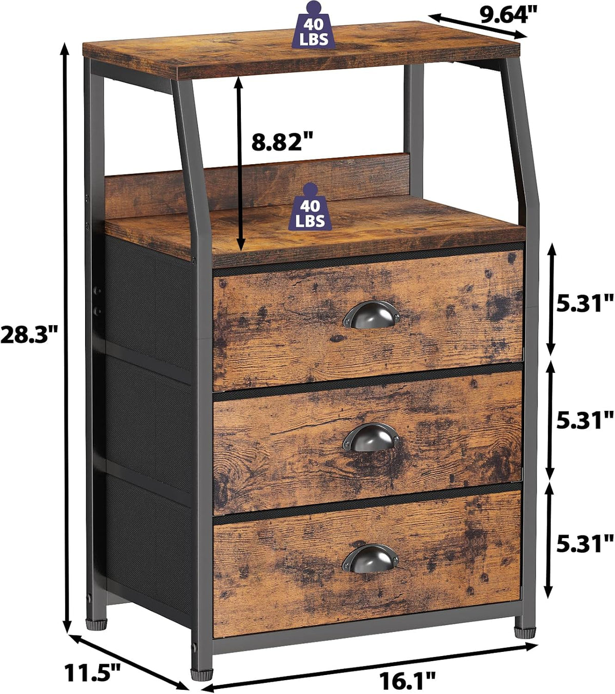 Furnulem Nightstand with 3 Fabric Drawers, Small Bedroom Storage Cabinet