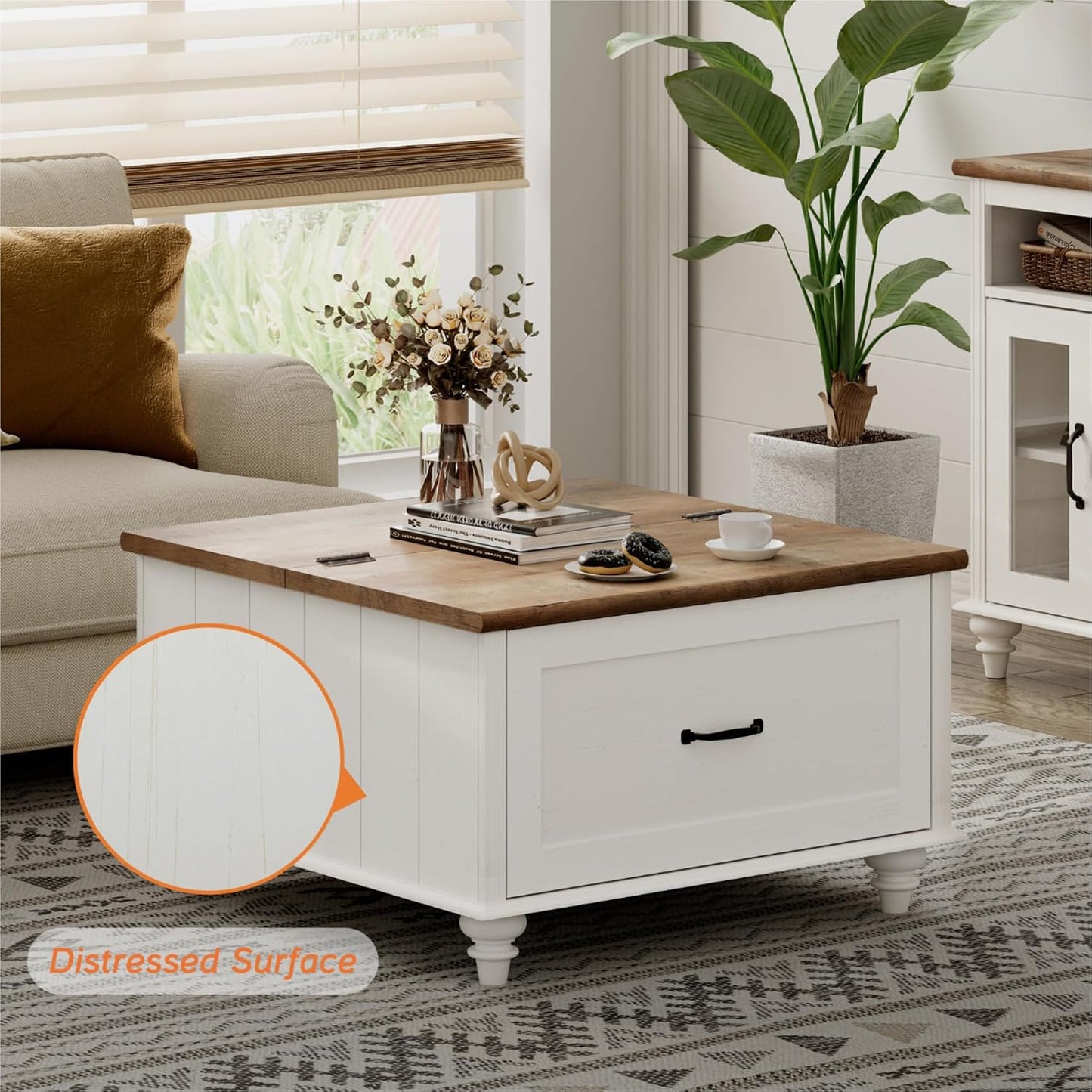 WAMPAT Farmhouse Coffee Table with Storage, Set of 2 Square Coffee Table with Lift Top & Drawers for Living Room, Wooden Center Table for Home & Office, White