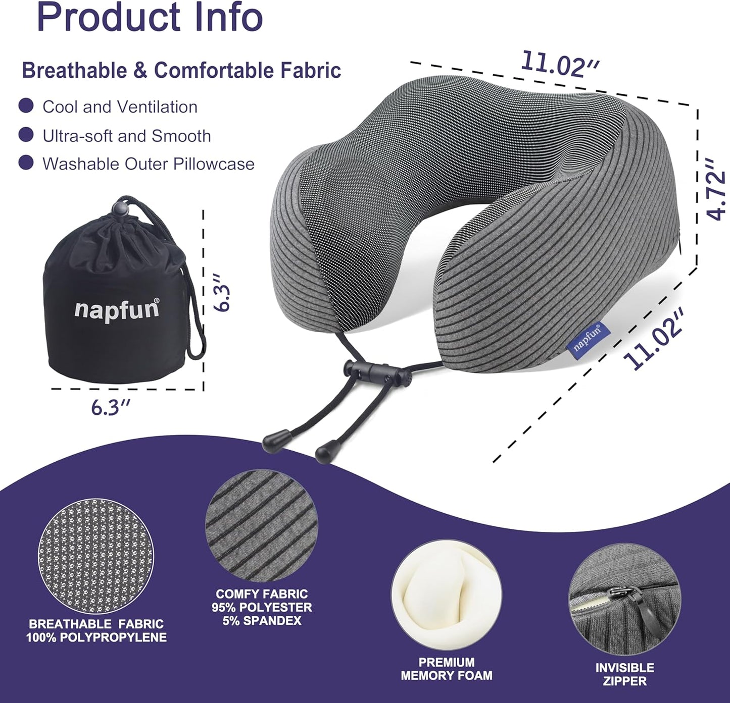 napfun Neck Pillow for Traveling, Upgraded Travel Neck Pillow for Airplane 100% Pure Memory Foam Travel Pillow for Flight Headrest Sleep, Portable Plane Accessories, Dark Gray