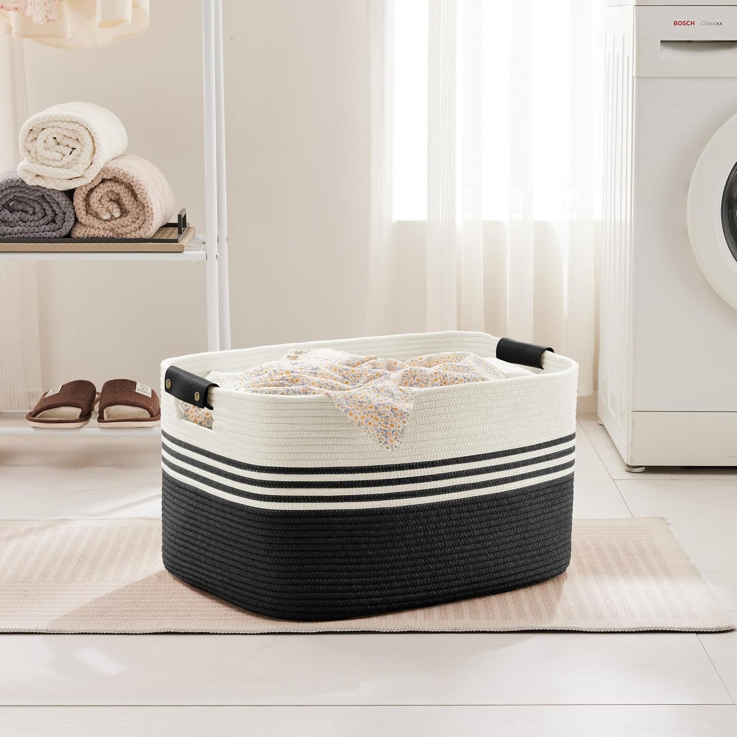 72L Large Woven Laundry Basket Hamper with Leather Handles,Black