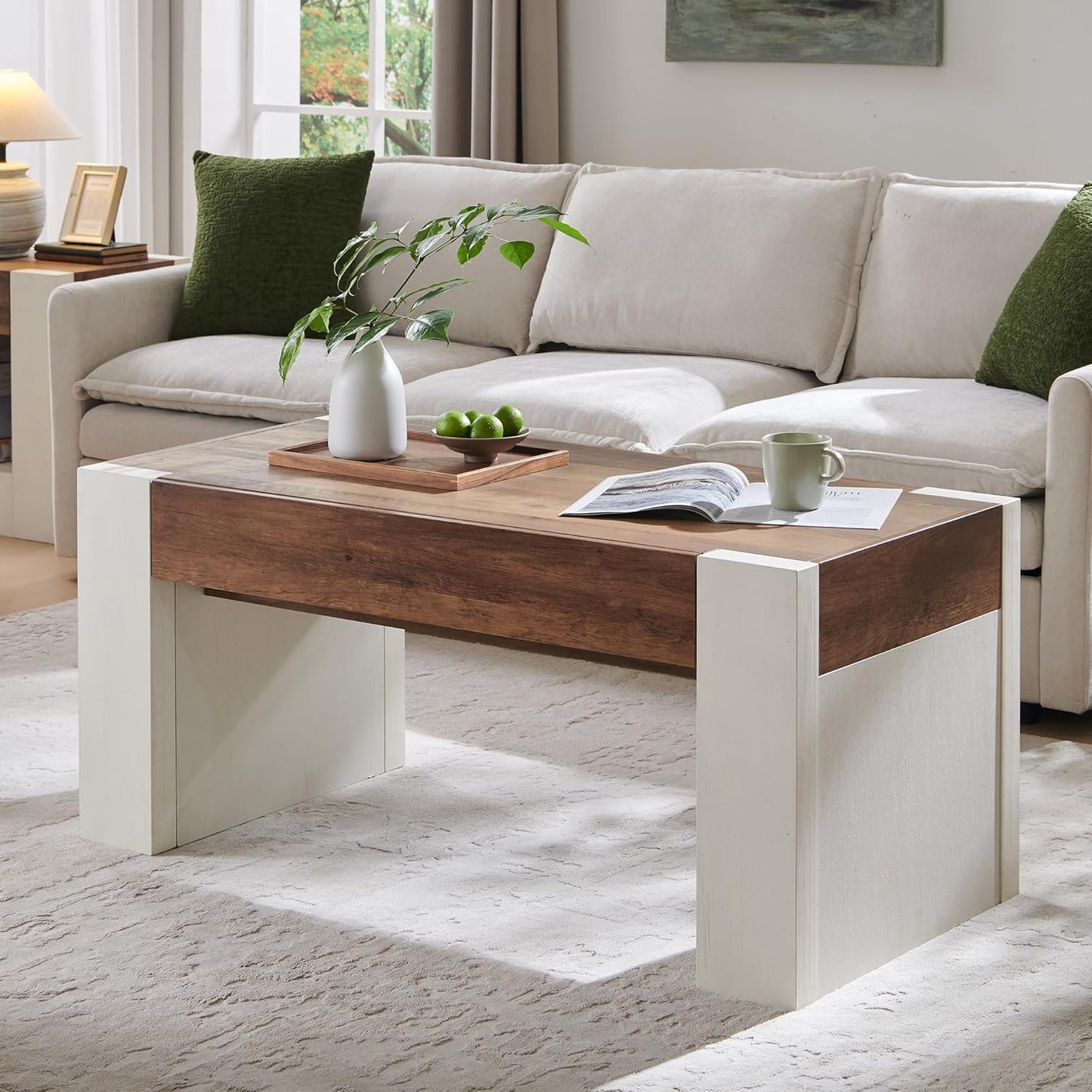 OKD 48" Modern Coffee Table with Hidden Storage Drawer,Antique White | Wood Thick Design, Rustic Rectangular Center Tables for Living Room, Office