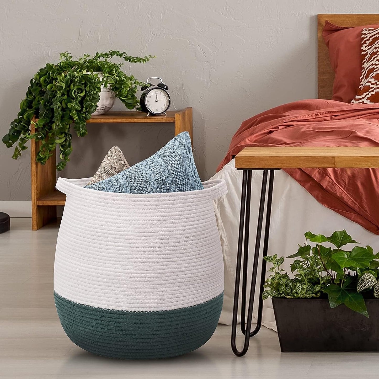 Large Cotton Rope Basket, Woven Storage Basket for Toy, Laundry and Blanket Organizer, Round Hamper Basket with Handles for Kid's Room 17.7"x16.9"