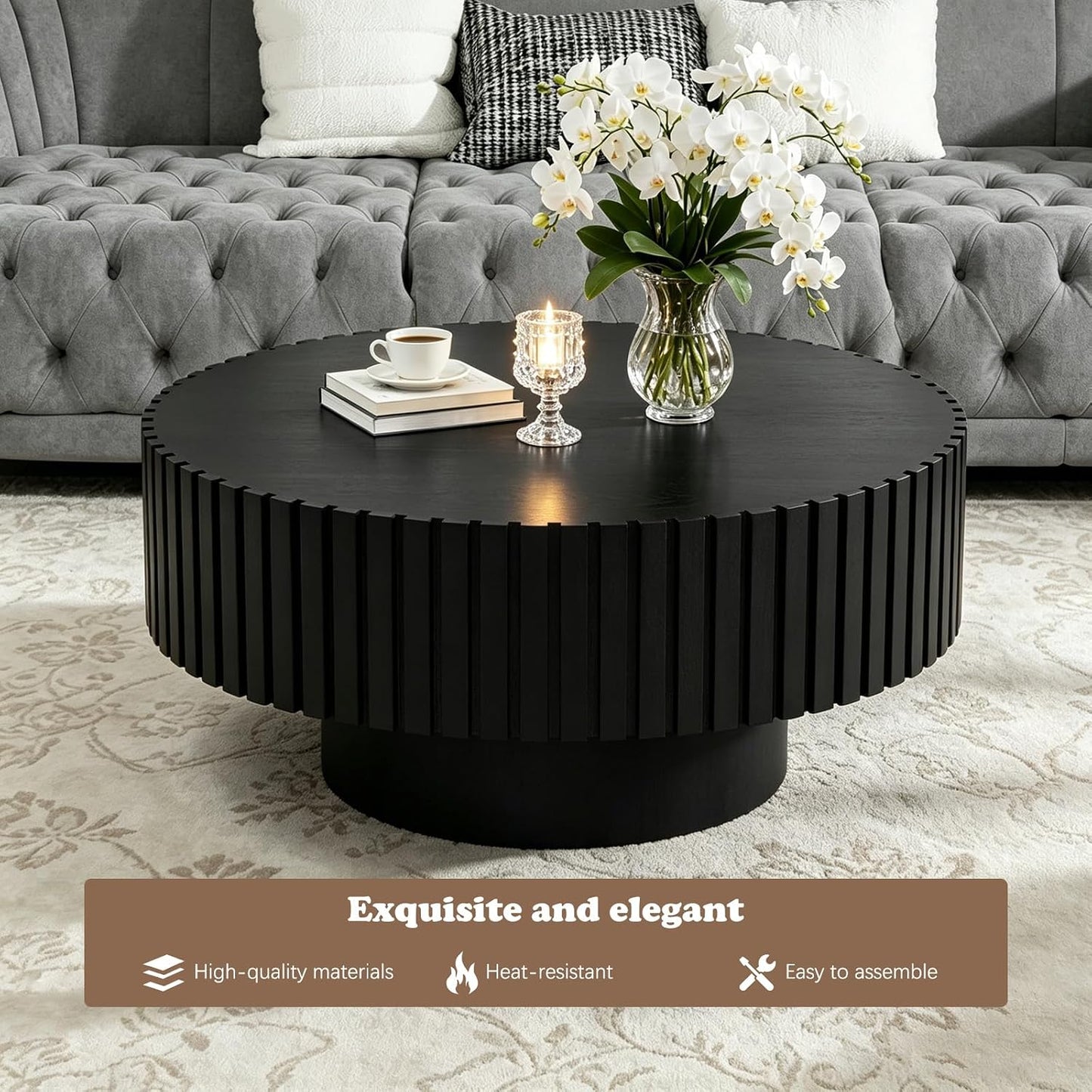 31.5" Modern Round Coffee Table (Round Black) | Contemporary Circle Fluted Center Table, Solid Wood Relief, Vintage Wooden Accent Table, For Living Room, Small Spaces