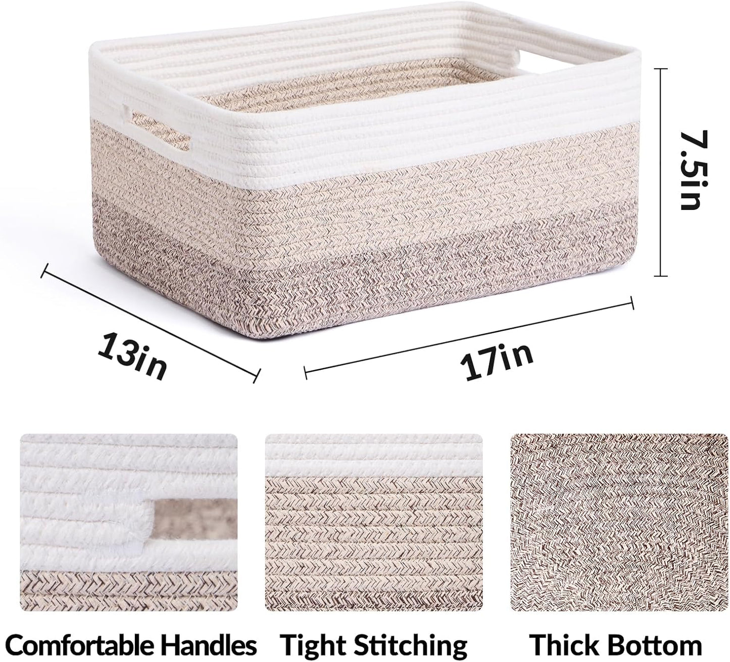 MiniArk Large Storage Baskets for Shelves, 17 x 13 x 7.5” Closet Organizers Bins for Clothes Blanket Towels, Baby Nursery, Toy Baskets Box, Woven Rope Baskets, 2 Packs Gradient Brown