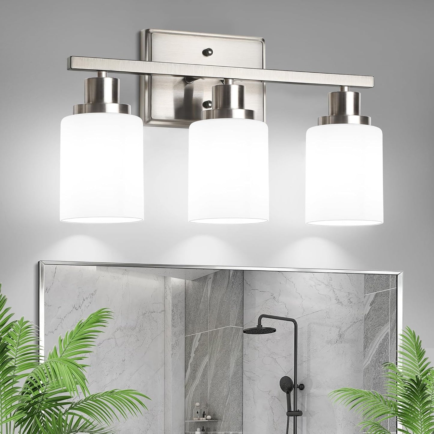 Ascher Bathroom Light Fixtures, 3-Light Vanity Light Over Mirror, Modern Brushed Nickel Wall Sconces with Milky White Shades, Wall Lamp for Kitchen Hallway Cabinet Porch E26 Base