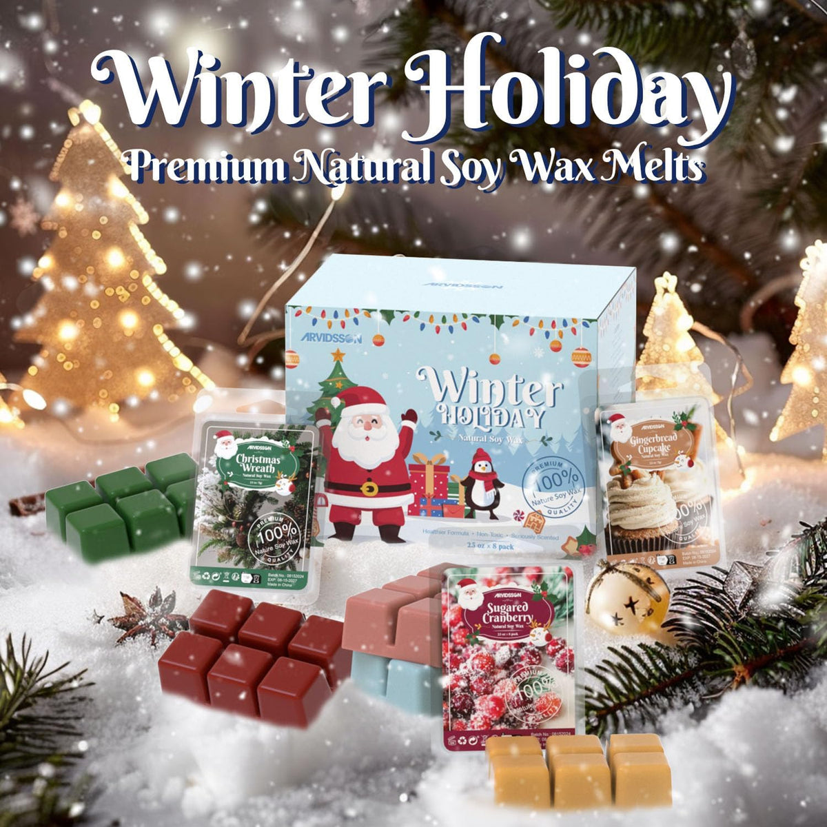 ARVIDSSON Winter Scented Wax Melts, Holiday Soy Wax Cubes for Wax Warmer, Strong Scent Fragrance Wax Tarts, Candle Melts Gift Set, Apple Cinnamon, Christmas Wreath, Gingerbread, Candy Cane, Cranberry