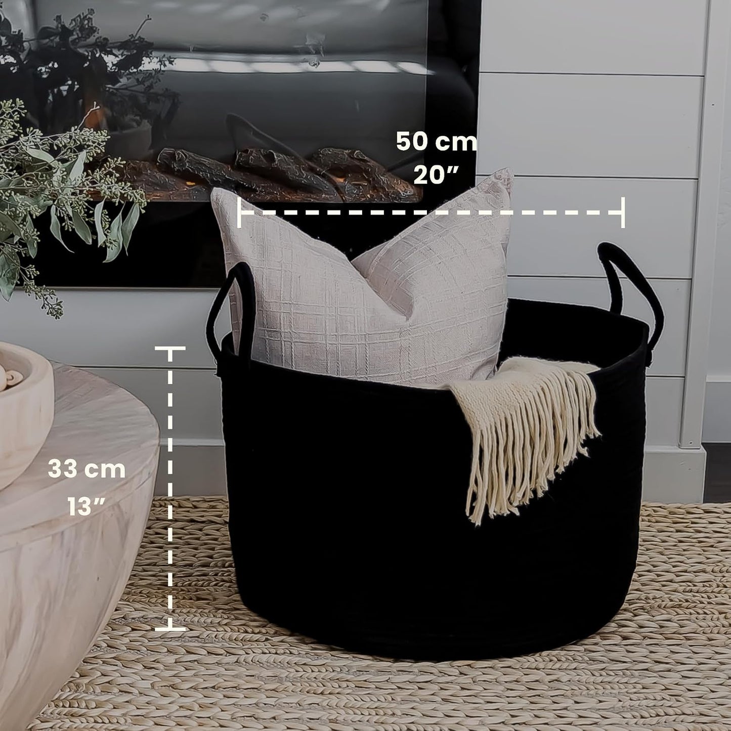 OrganiHaus Round Toy Basket & Blanket Basket, Cotton Rope 20x13" | Full Black - Round Cotton Rope Basket, 20x13"