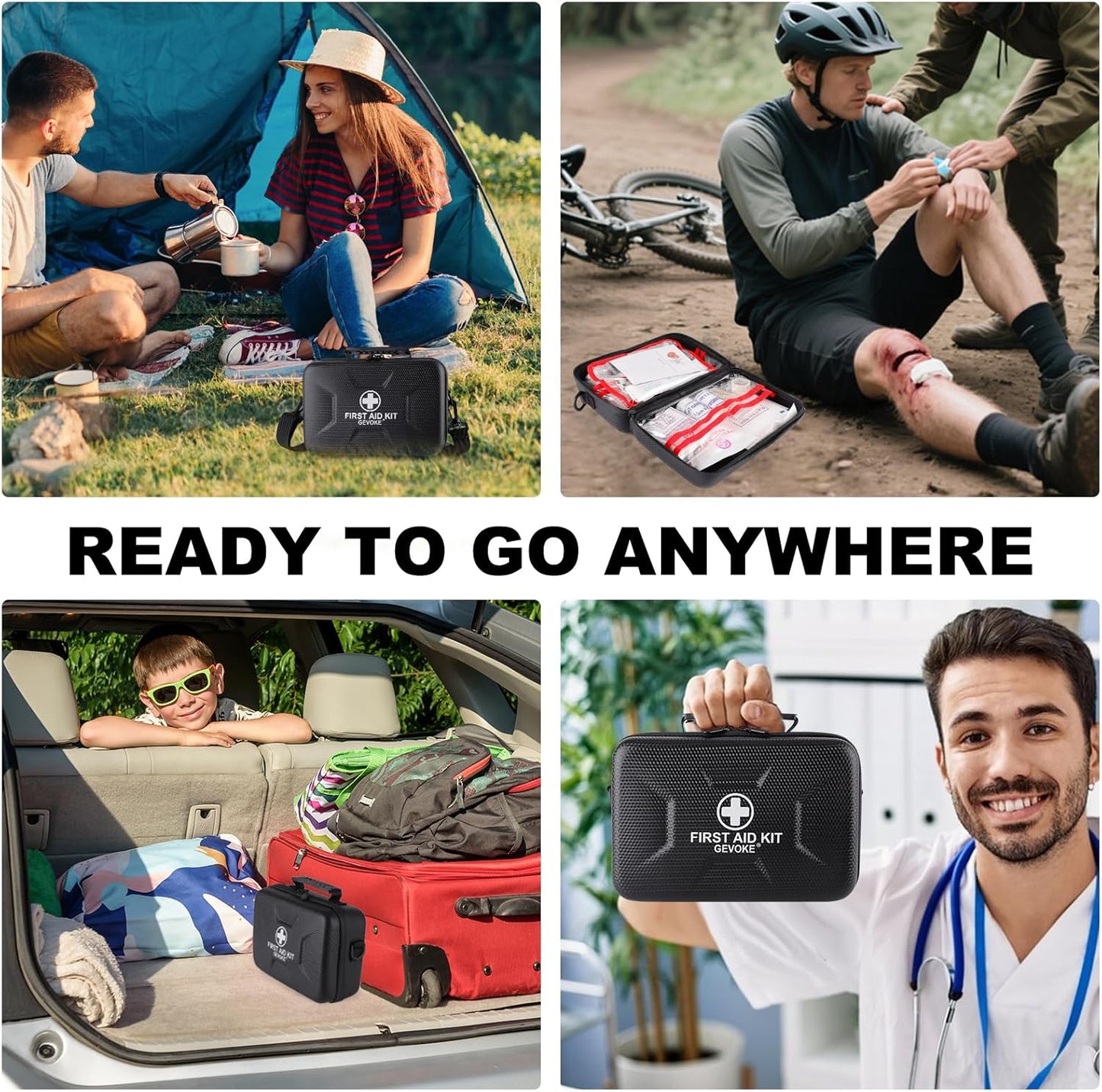 Gevoke 410 Piece Waterproof Hard Shell First Aid Kit for Home, Car, Travel, Camping, Truck, Hiking, Sports, Office, Vehicle & Outdoor Emergencies - Emergency Medical Kits (Black)