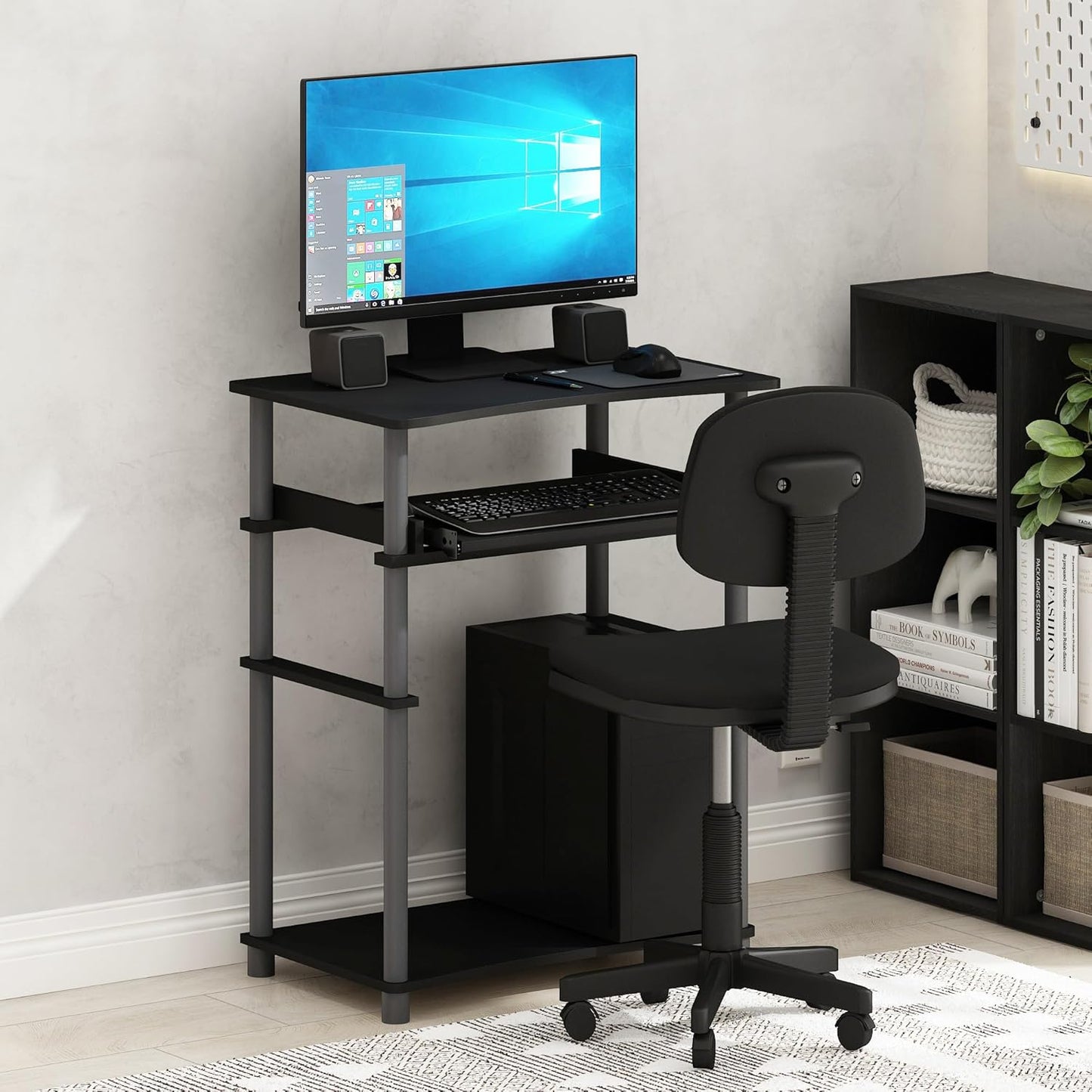 Furinno Home Desk, 23.6" Wide Gaming Desk with Keyboard Tray, Computer Desk, Office Writing Desk for Home Office, Bedroom, Black