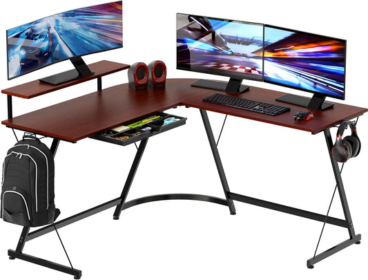 SHW 51 x 51 Inches Vista L-Shaped Desk with Monitor Stand and Drawer, Cherry