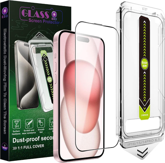 2 Pack Ultra HD Clear Screen Protector for iPhone 14 Pro/15/16 (6.1-Inch),9H Tempered Glass,Full Coverage,Anti-Fingerprint,Auto Dust Removal,Bubble-Free,Easy Installation