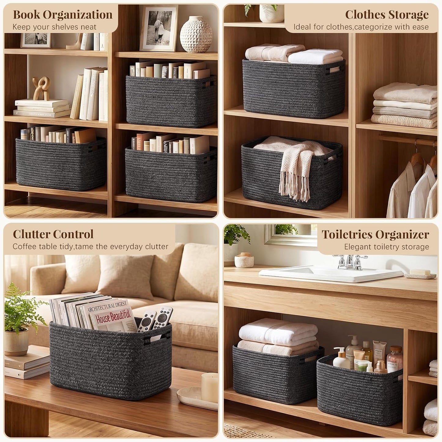 OIASKET 4Packs Natural Cotton Rope Storage Baskets for Organizing Toys, Clothes, Towels & Books, Soft Versatile Organizers for Shelves, Home Decorative Bins, 13''Lx9''Wx7.8''H, Black and White