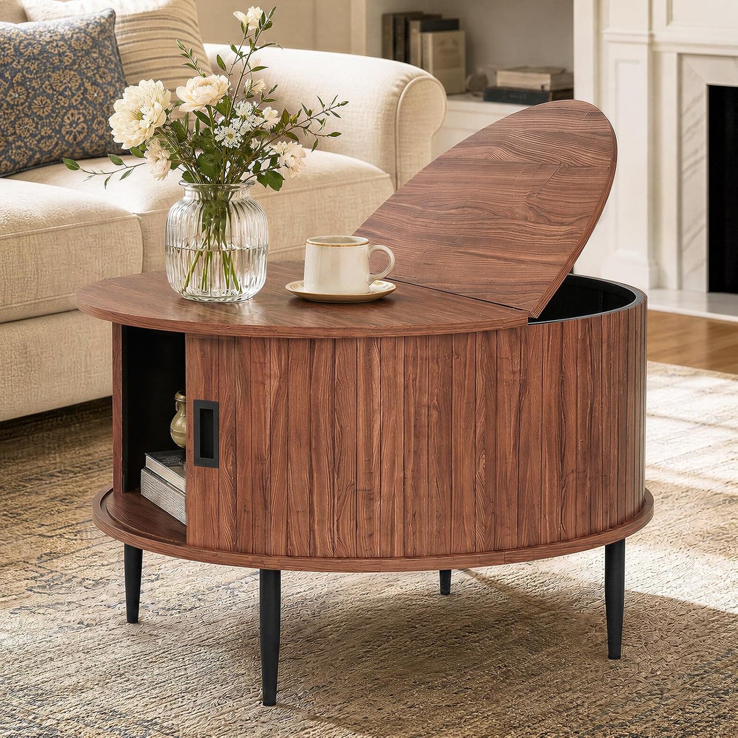 ARTPOWER 31.5" Round Coffee Table with Storage Mid Century Brown Walnut | Easy Assembly,Solid Walnut,Heavy Duty,Flip Top Storage,Fluted Tambour Door,Water&Scratch Resistant Easy Clean,110lbs Capacity