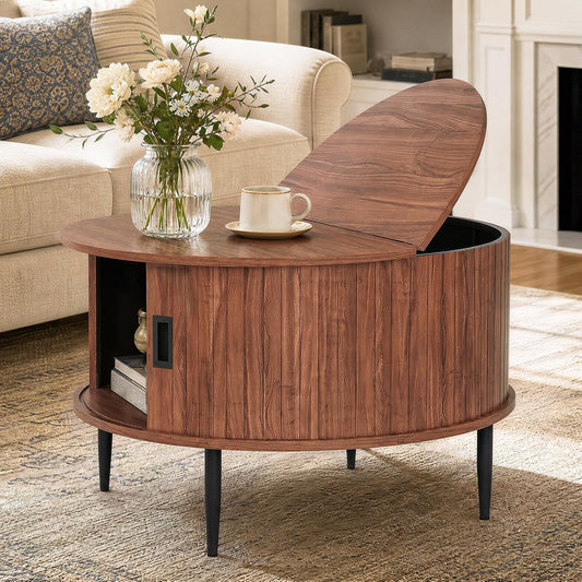 ARTPOWER 31.5" Round Coffee Table with Storage Mid Century Brown Walnut | Easy Assembly,Solid Walnut,Heavy Duty,Flip Top Storage,Fluted Tambour Door,Water&Scratch Resistant Easy Clean,110lbs Capacity