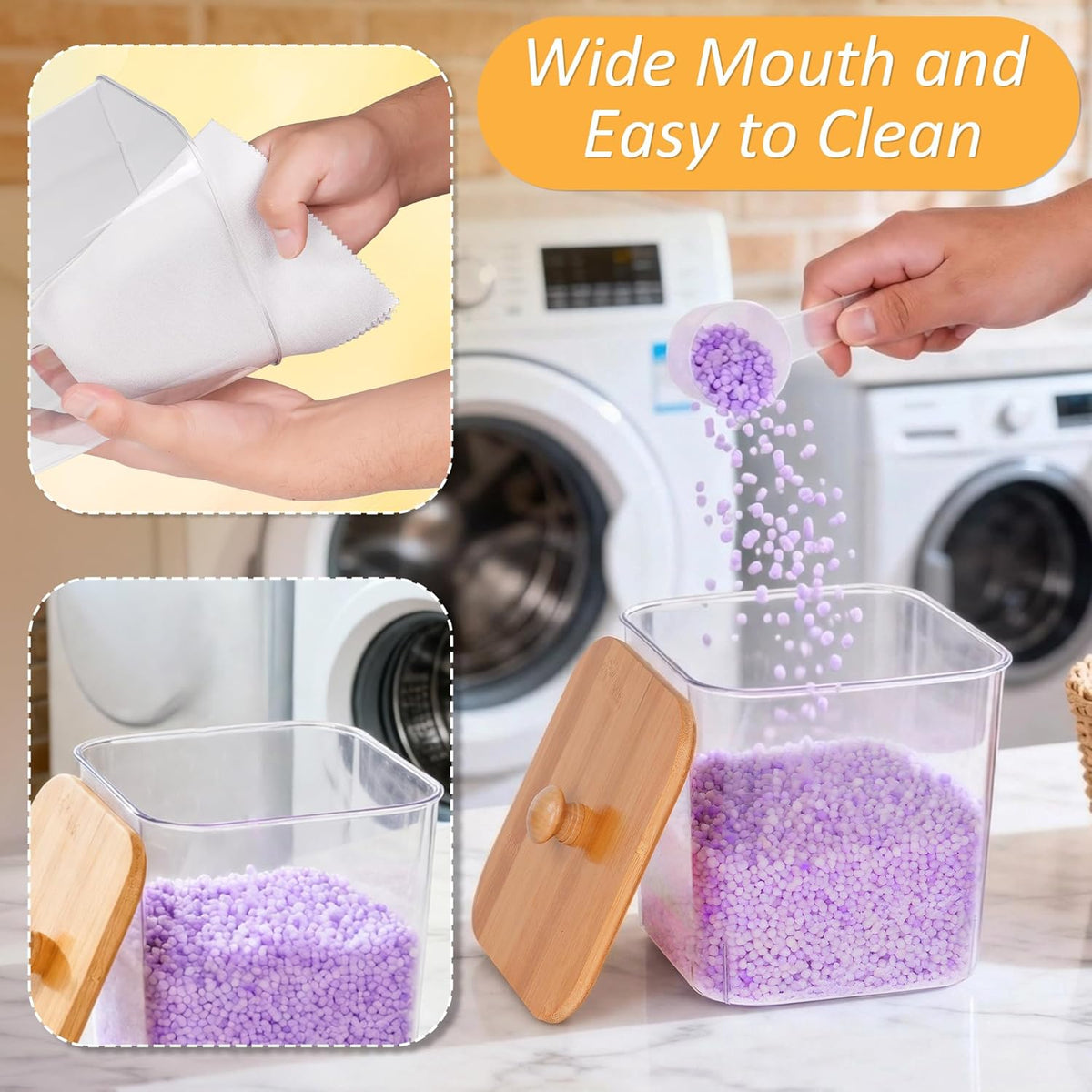 efluky 3 Pack Laundry Pods Container & Dryer Sheet Holder Set, Clear Laundry Room Organization Containers with Bamboo Lids and Labels, Detergent Pods Storage for Scent Booster, Powder