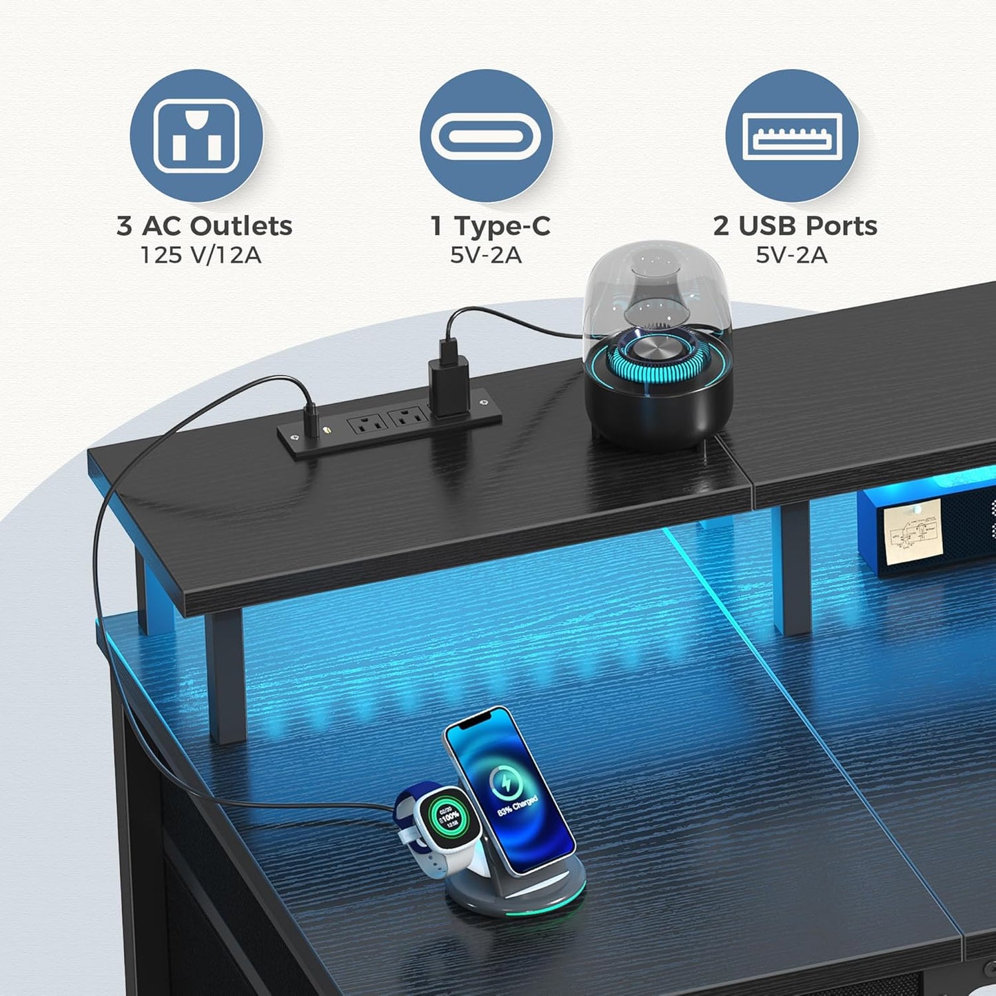 DUMOS 40 Inch Computer Desk with 4 Drawers,4 Drawer Gaming Desk with Power Outlets and LED Lights,Office Desk for Small Spaces with Monitor Shelf,Writing Desk for Home Office, Bedroom,Study,Black