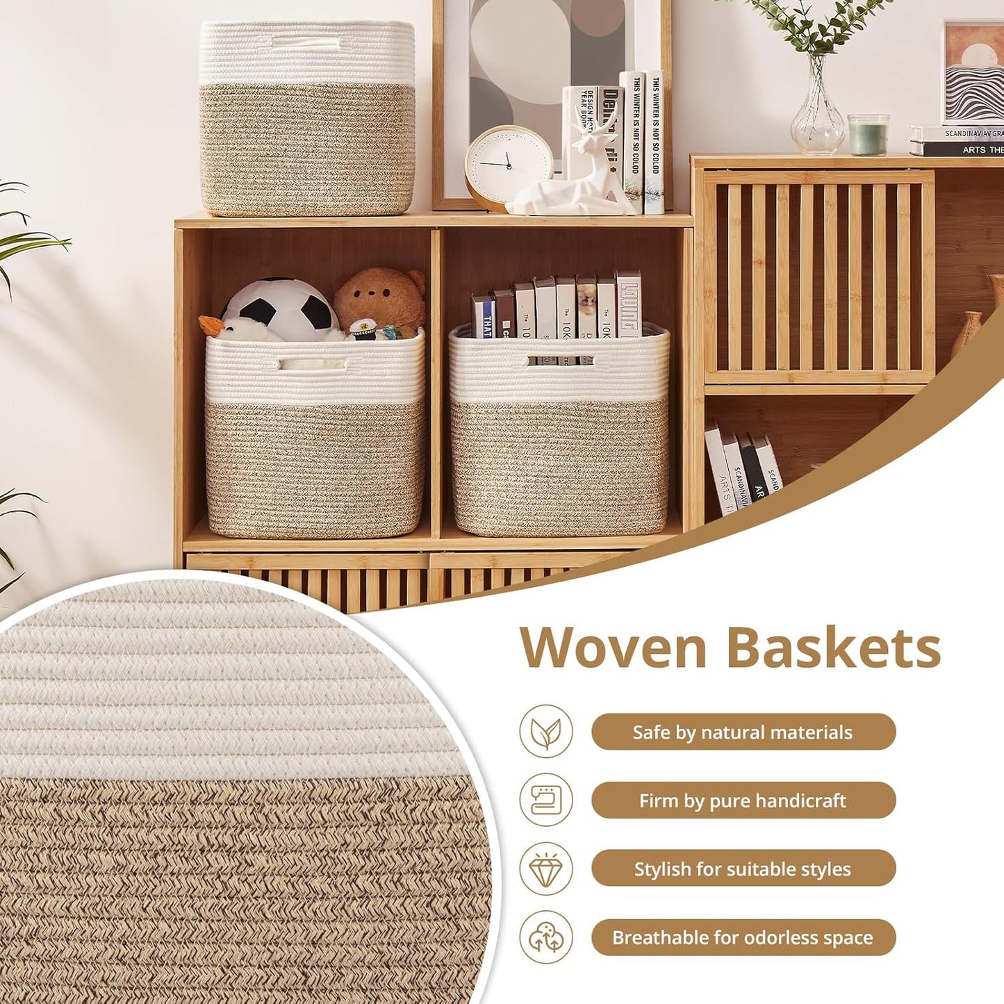 OIAHOMY 13 Inch Cube Storage Bins, 3-Pack Cotton Rope Woven Baskets for Organizing, Insert Storage Baskets for Shelves, Baby Nursery, Closet Organizer, 13 * 13 * 12.6IN, Brown & White