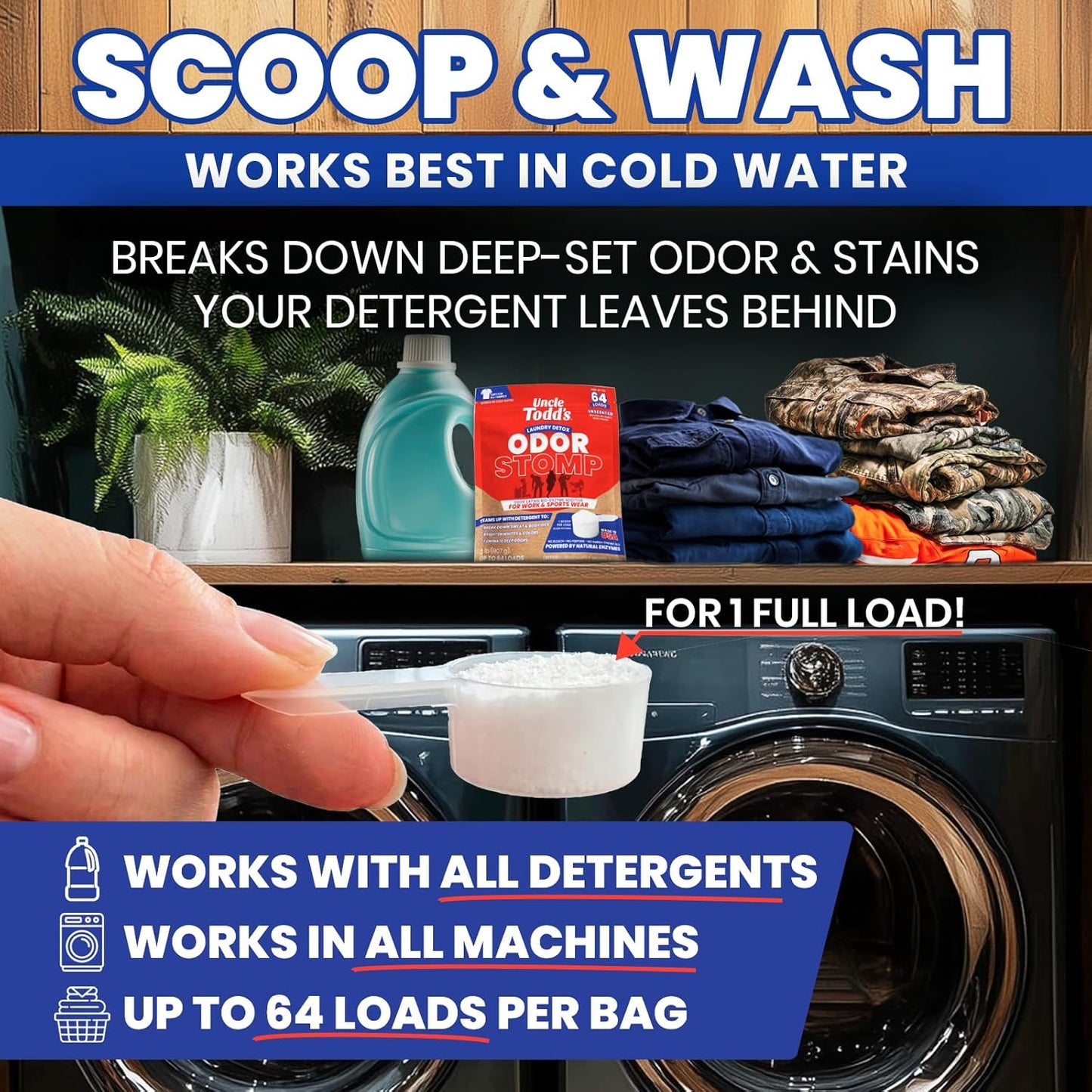 Uncle Todd’s Bio Enzyme Laundry Booster - 2 lb (64 Loads) Odor Stomp Laundry Sanitizer Additive - Clothes Stain Remover - Removes Sweat, Body Odor & Tough Stains - Fragrance Free, Works in Cold Water