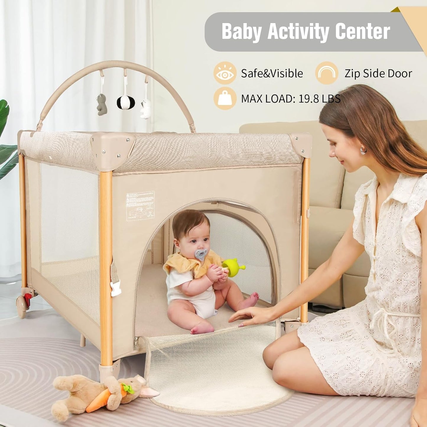 Baby Bassinet 5 in 1 Pack and Play,Baby Crib Adjustable Beside Sleeper One-Second &One-Hand Setup,Portable Playard Foldable Playpen for Newborn,Babies and Toddlers with Changing Table,Mattress (Beige)