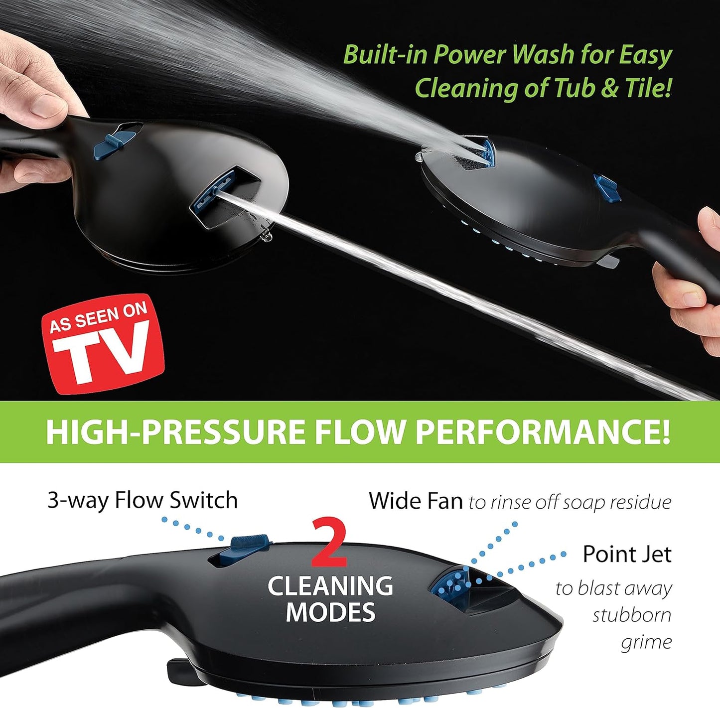 AquaCare High Pressure 8-mode Handheld Shower Head - Anti-clog Nozzles, Built-in Power Wash to Clean Tub, Tile & Pets, Extra Long 6 ft. Stainless Steel Hose, Wall & Overhead Brackets