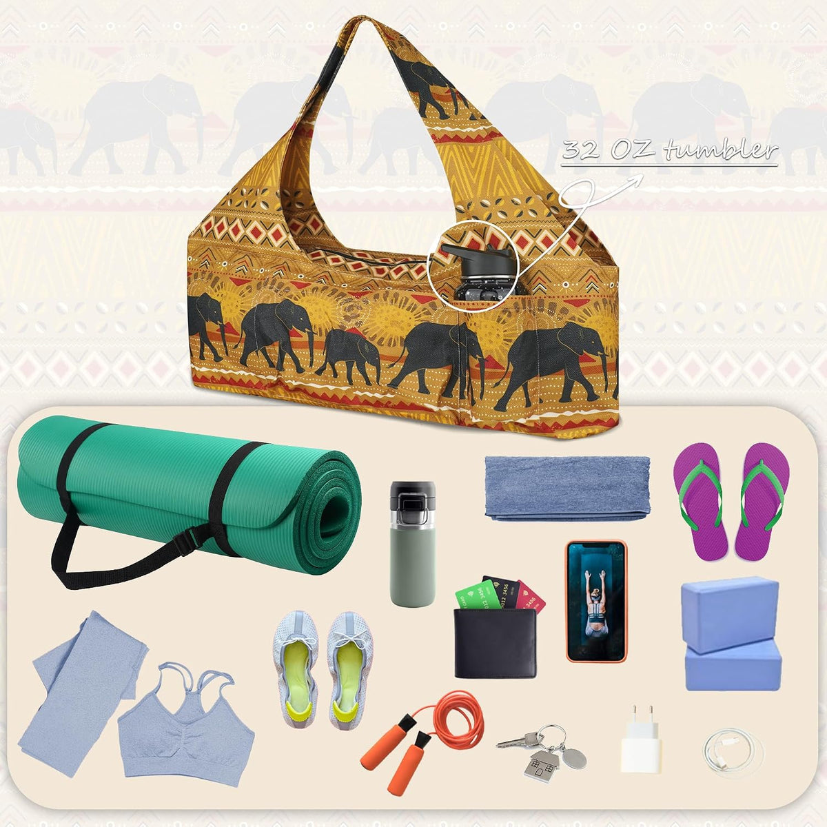 Large Yoga Mat Bag Yoga Bags and Carriers Fits All You Stuff Yoga Tote Bag with Yoga Mat Strap, Elastic Pockets and Zipper Pockets