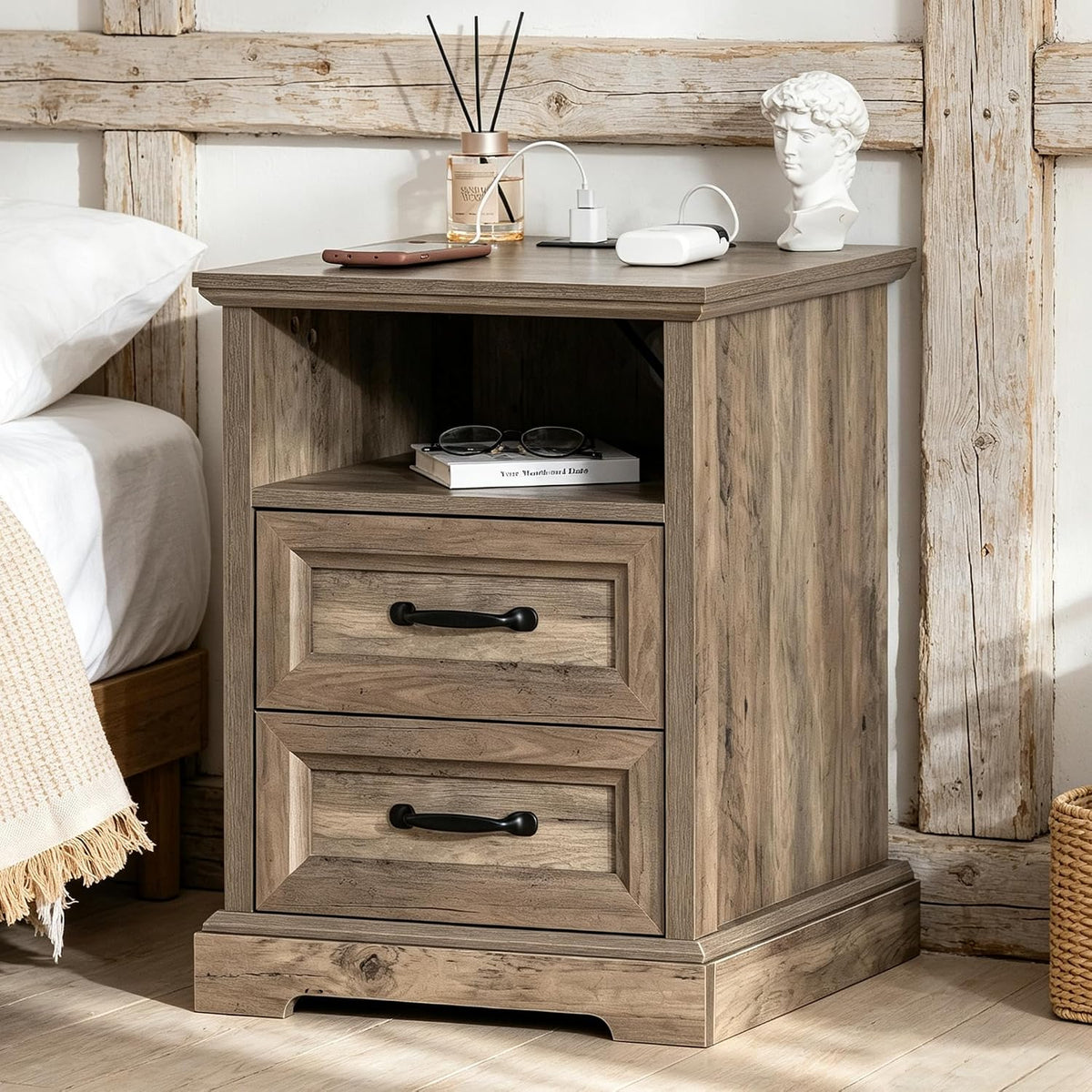 HOMMPA Farmhouse Nightstand w/Charging Station, Open Shelf 23.6''H Greige