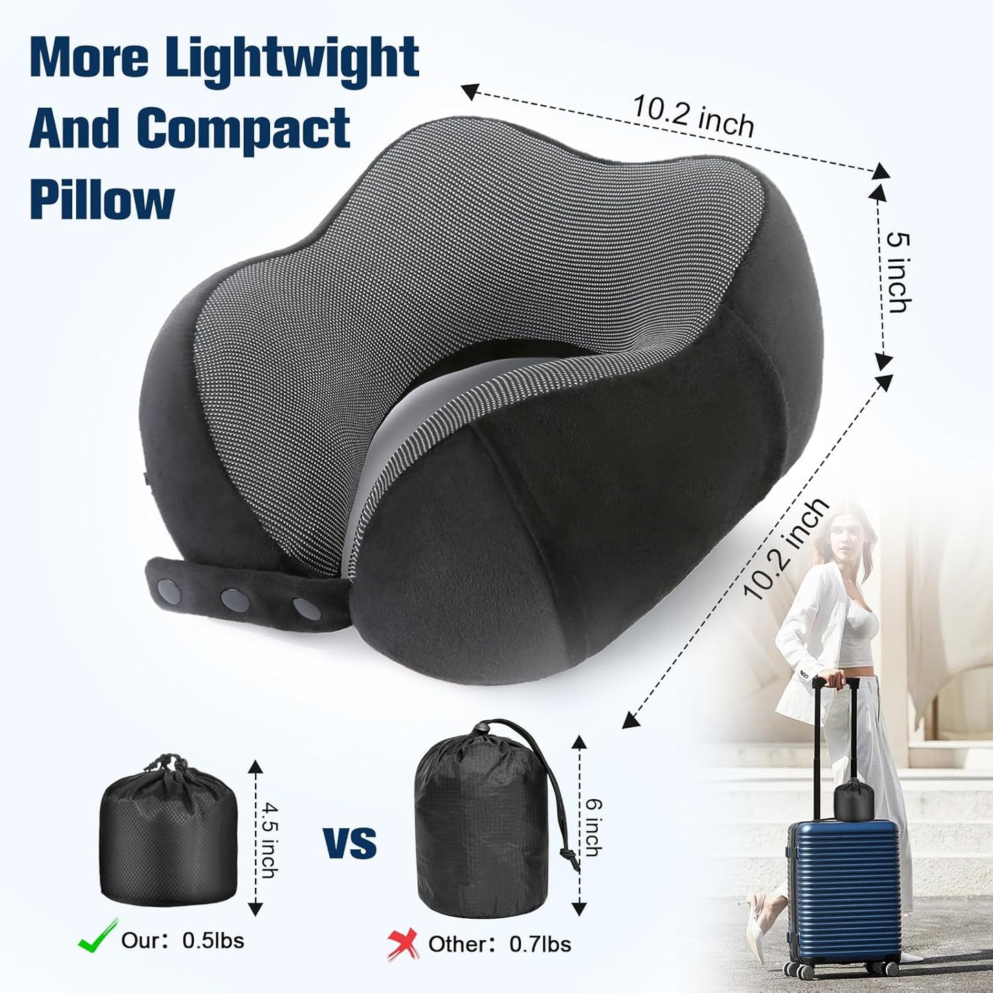 Cirorld Neck Pillow for Traveling, Travel Pillows for Airplanes,100% Pure Memory Foam Travel Neck Pillow, Adjustable Flight Pillow, Portable Plane Accessories with Eye Mask, Earplugs, Carry Bag