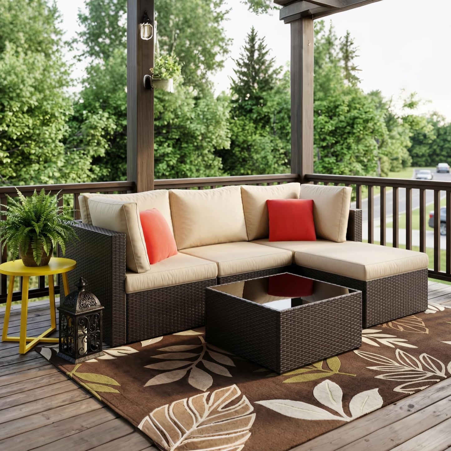 Vongrasig 5 Piece Patio Furniture Sets, Outdoor Patio Set Sectional Sofa, All-Weather PE Rattan Outdoor Couch with Ottoman, Glass Table for Garden, Backyard, Porch, Beige